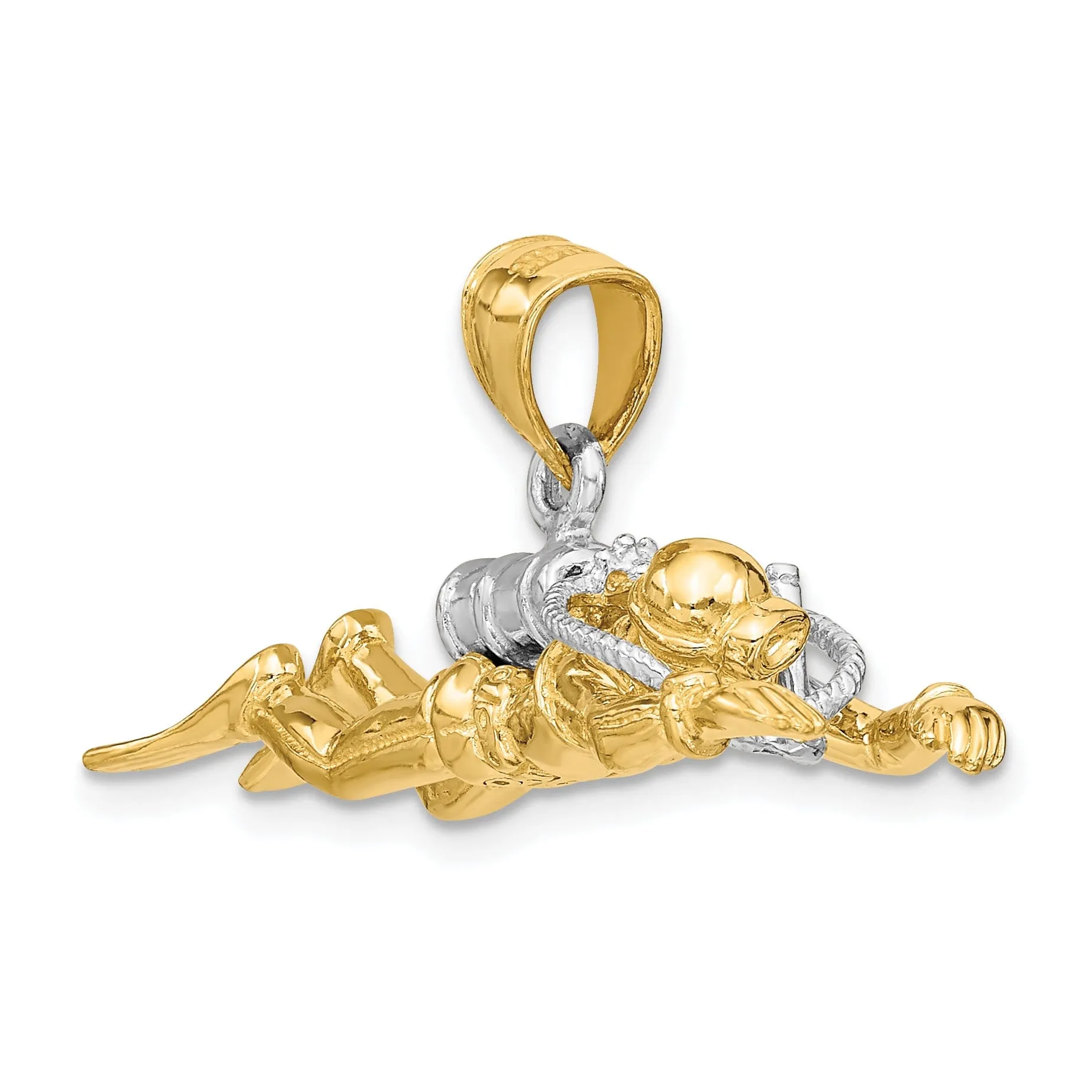 14K Yellow Gold Rhodium Polished Finish 3-Dimensional Male Scuba Diver Charm Pendant