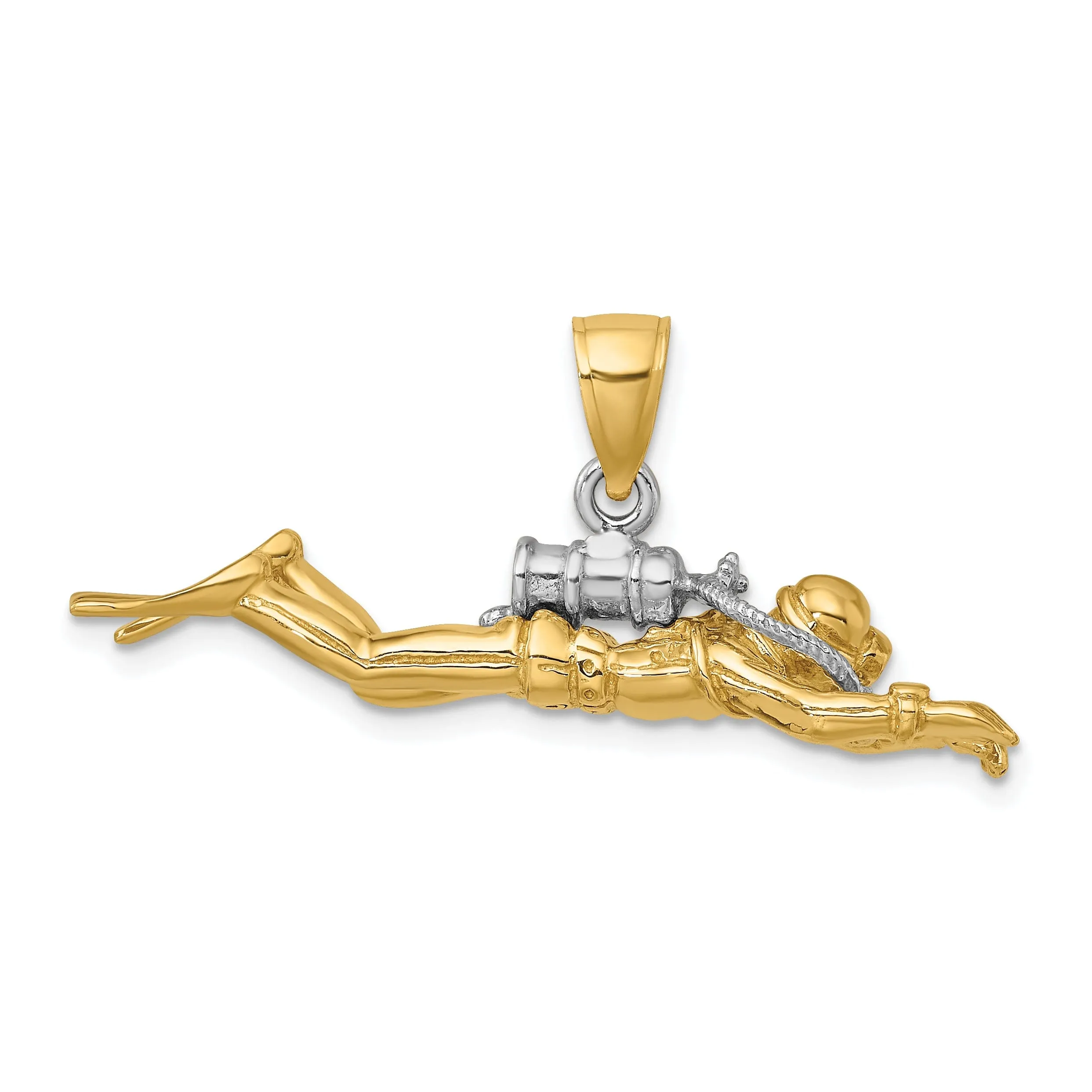 14K Yellow Gold Rhodium Polished Finish 3-Dimensional Male Scuba Diver Charm Pendant