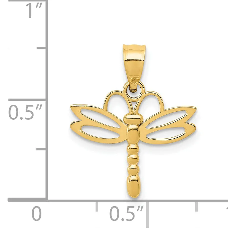 14k Yellow Gold Solid Open Back Polished Finish Dragonfly Design Charm Pendant