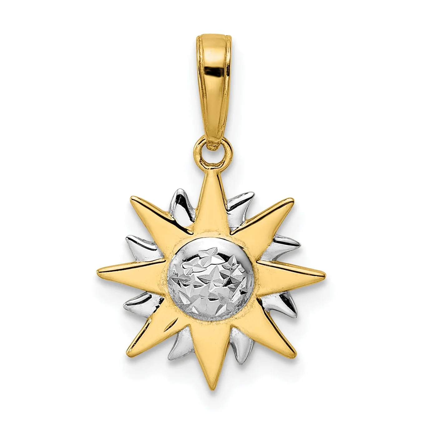 14k Yellow Gold White Rhodium Open Back Solid Diamond Cut Polished Finish Sun Charm Pendant