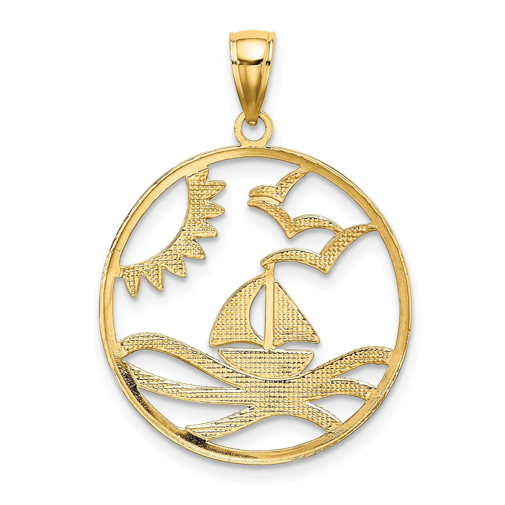 14k Yellow Gold, White Rhodium Polished Finish with Sun Sailboat Water and Seagulls Circle Design Charm Pendant