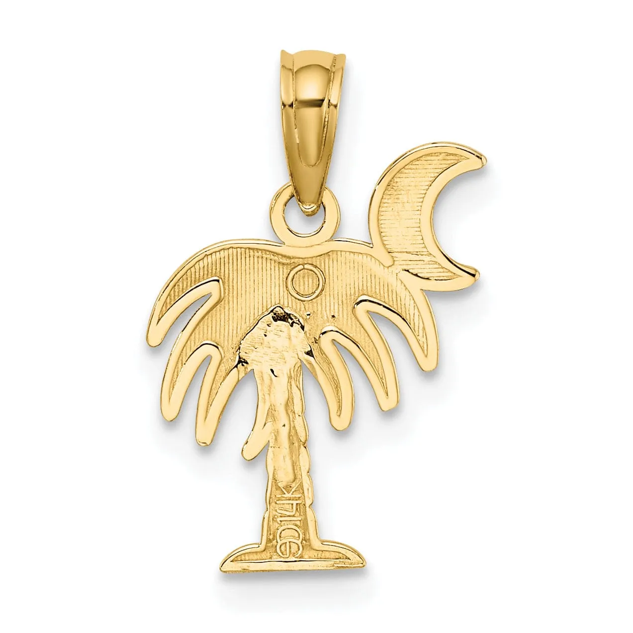 14K Yellow Gold, White Rhodium Polished Finished Concave Shape Charelston Palm Tree with Moon Charm Pendant