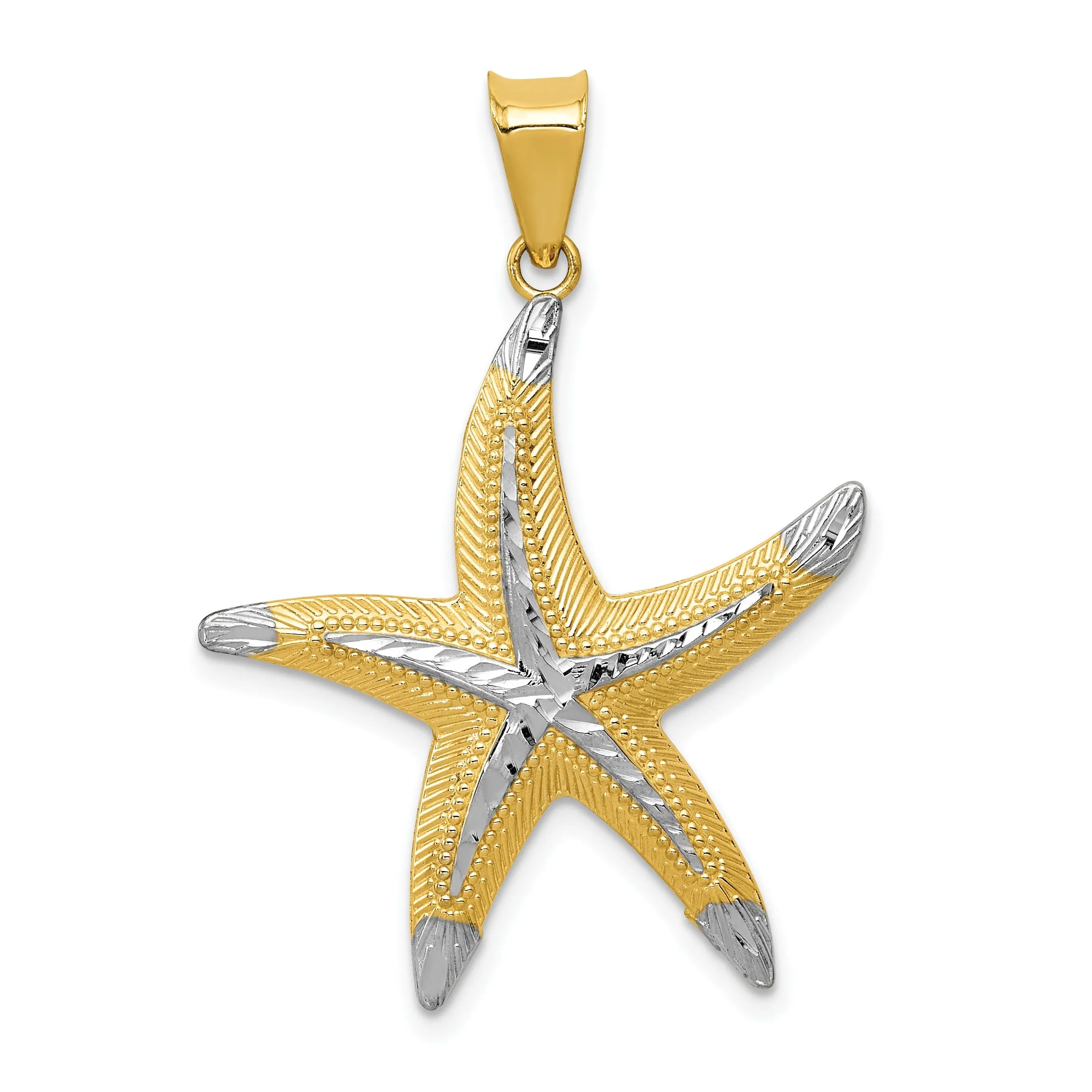 14K Yellow Gold White Rhodium Solid Diamond Cut Polished Finish Starfish Charm Pendant