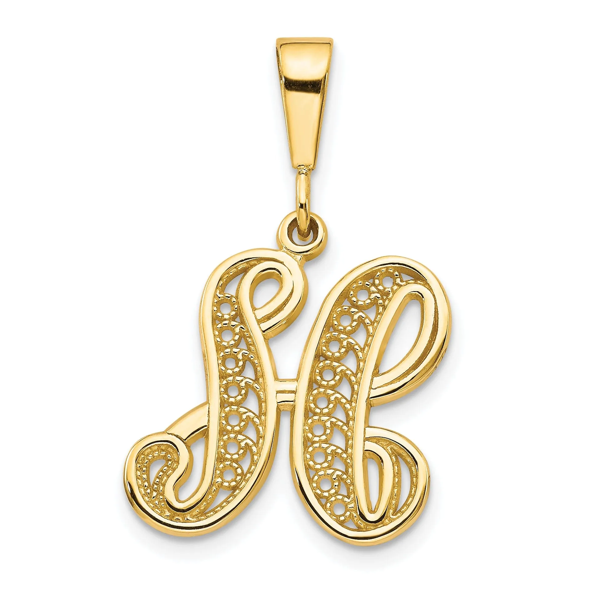 14K Yellow GoldFancy Filigree Script Design Letter H Initial Pendant