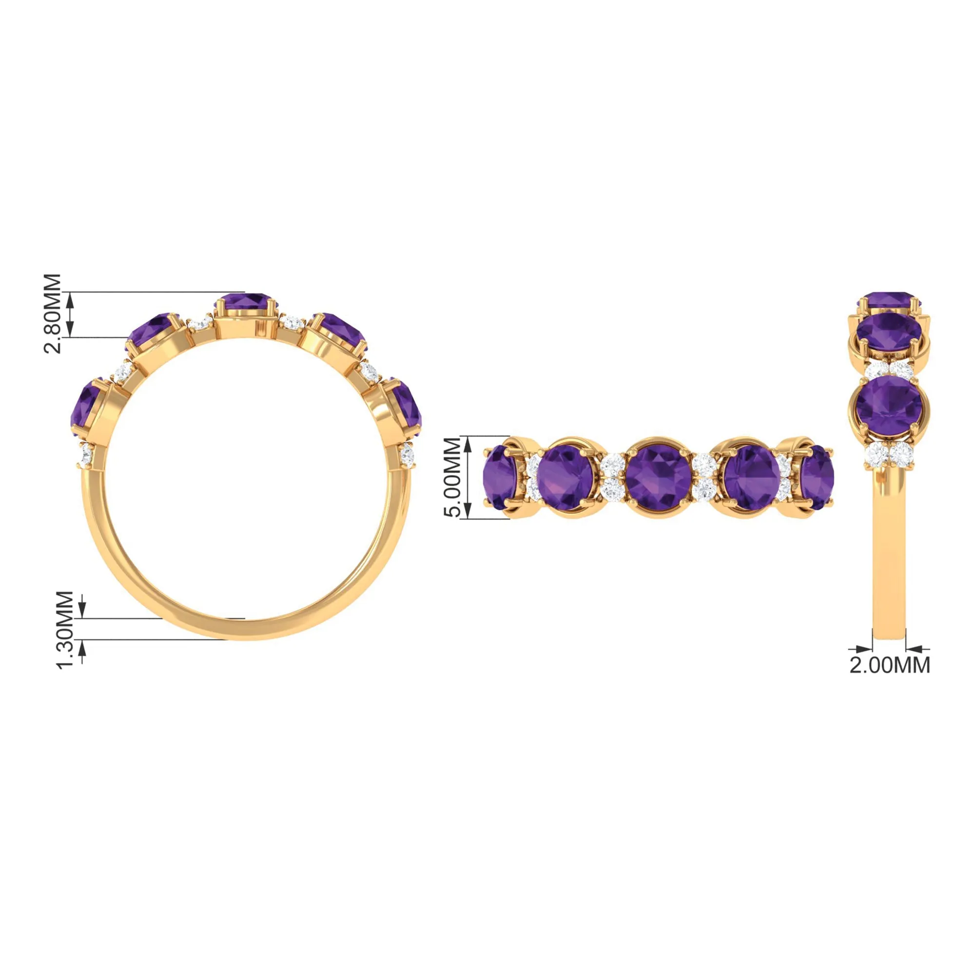 1.5 Carat Round Amethyst Half Eternity Band with Diamond