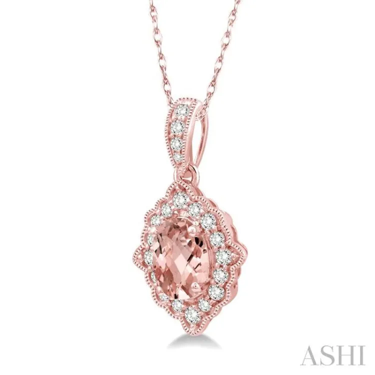 1/6 Ctw Round Cut Diamond and Ethnic Oval Cut 6x4 MM Morganite Semi Precious Pendant in 10K Rose Gold with chain