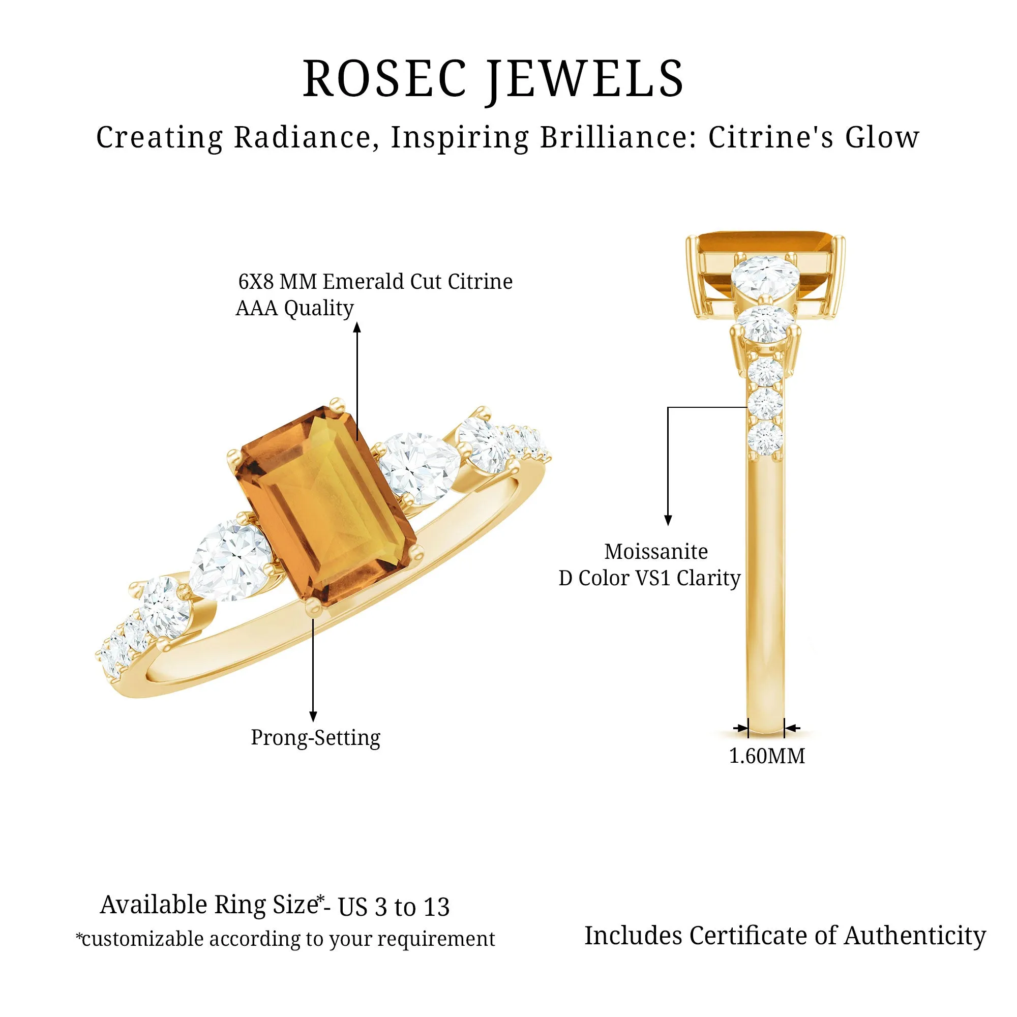 1.75 CT Classic Citrine Solitaire Ring with Moissanite Stones