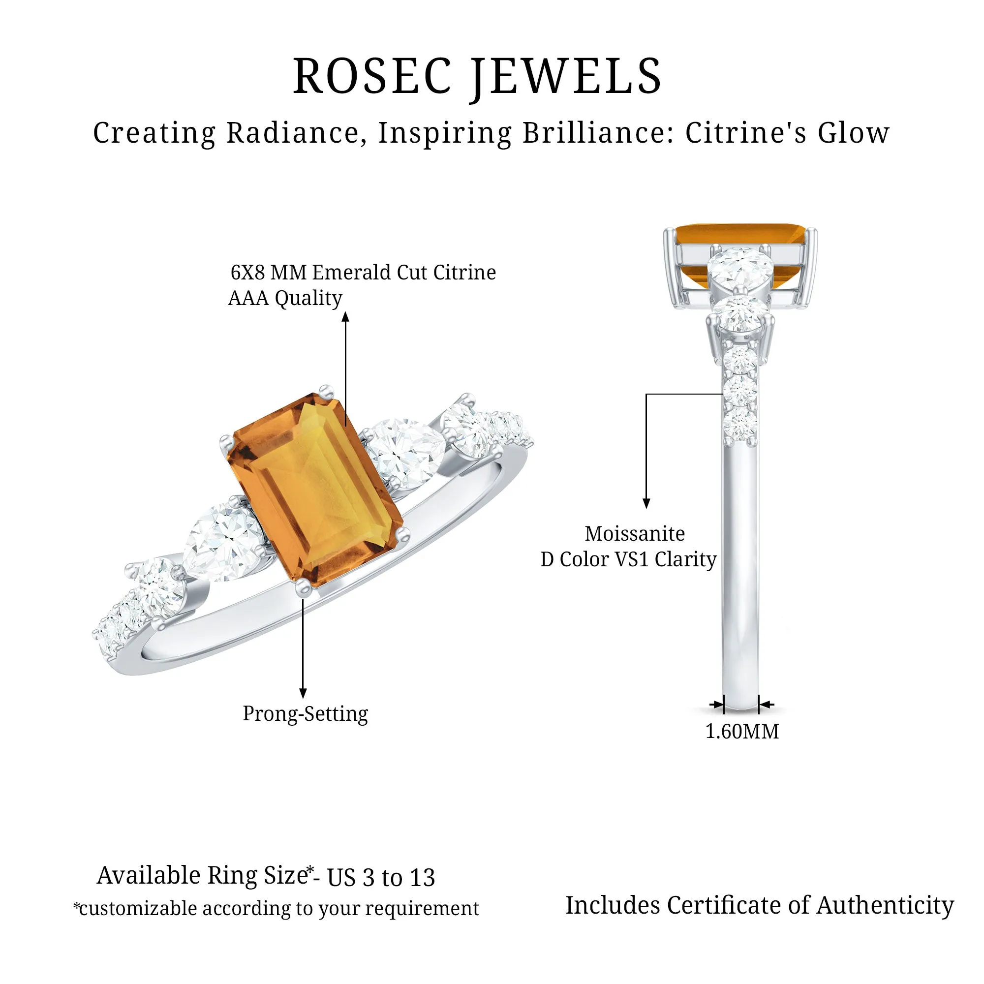 1.75 CT Classic Citrine Solitaire Ring with Moissanite Stones