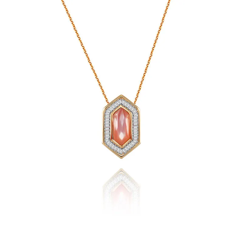 18k Gold Hexagonal Shape Pink Shell Diamond Necklace