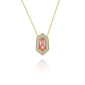 18k Gold Hexagonal Shape Pink Shell Diamond Necklace