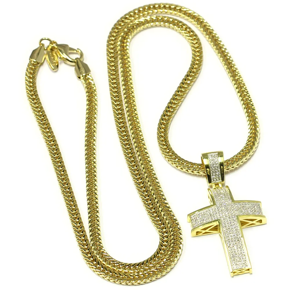 18k Gold Plated CZ Cross Pendant with Flat Franco 2.4mm Box Chain