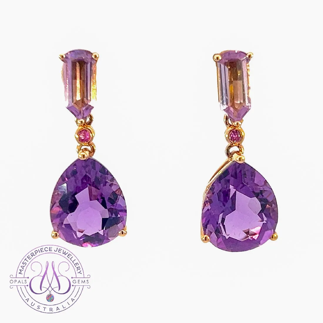 18kt Rose Gold dangling Amethyst 7.6ct earrings