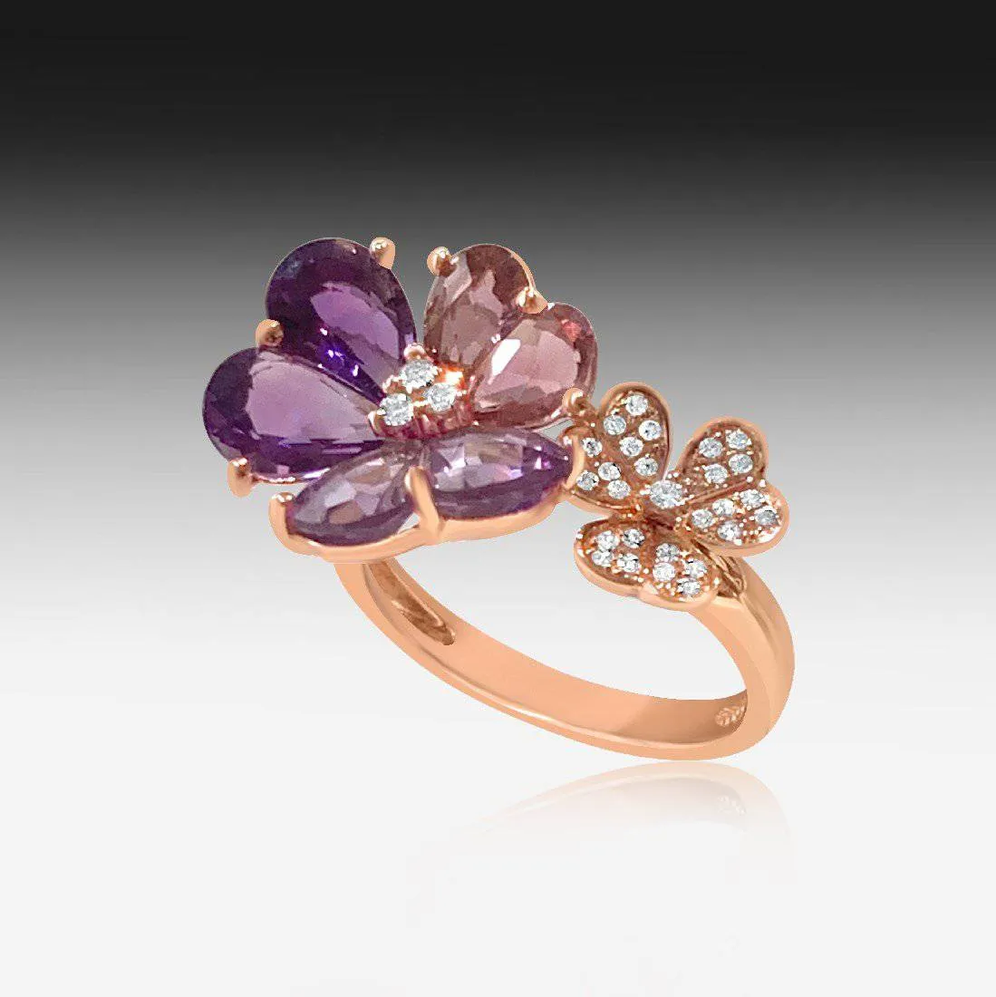 18kt Rose Gold floral design ring with Diamonds, Amehtyst and Pink Tourmaline