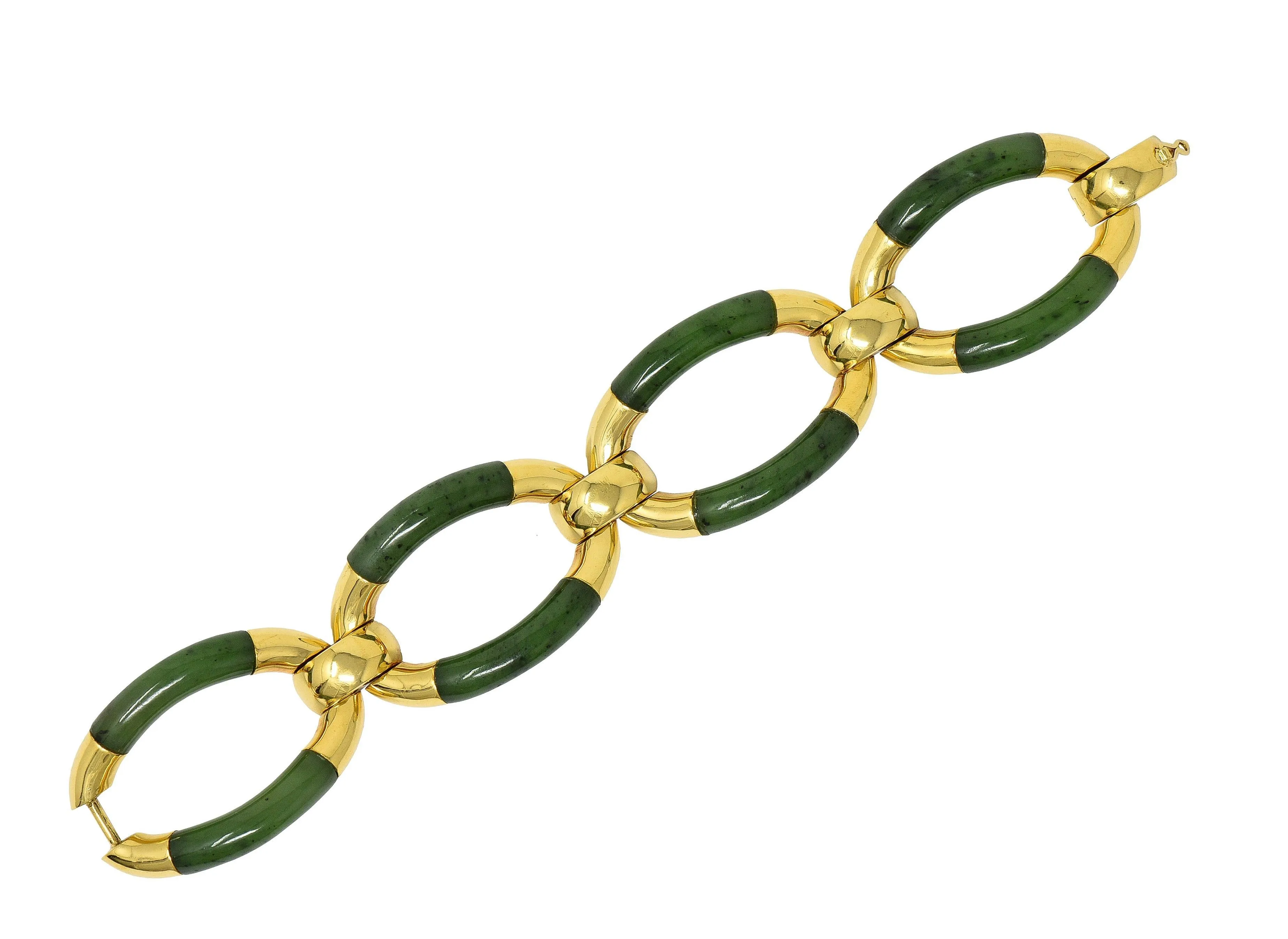 1970's Nephrite Jade 18 Karat Yellow Gold Vintage  Oval Link Bracelet