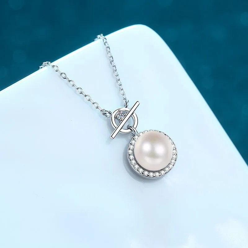 925 Sterling Silver Small Moissanite Diamond Necklace 8mm Natural Freshwater Pearl Company Party Bride Engagement Cute Jewelry