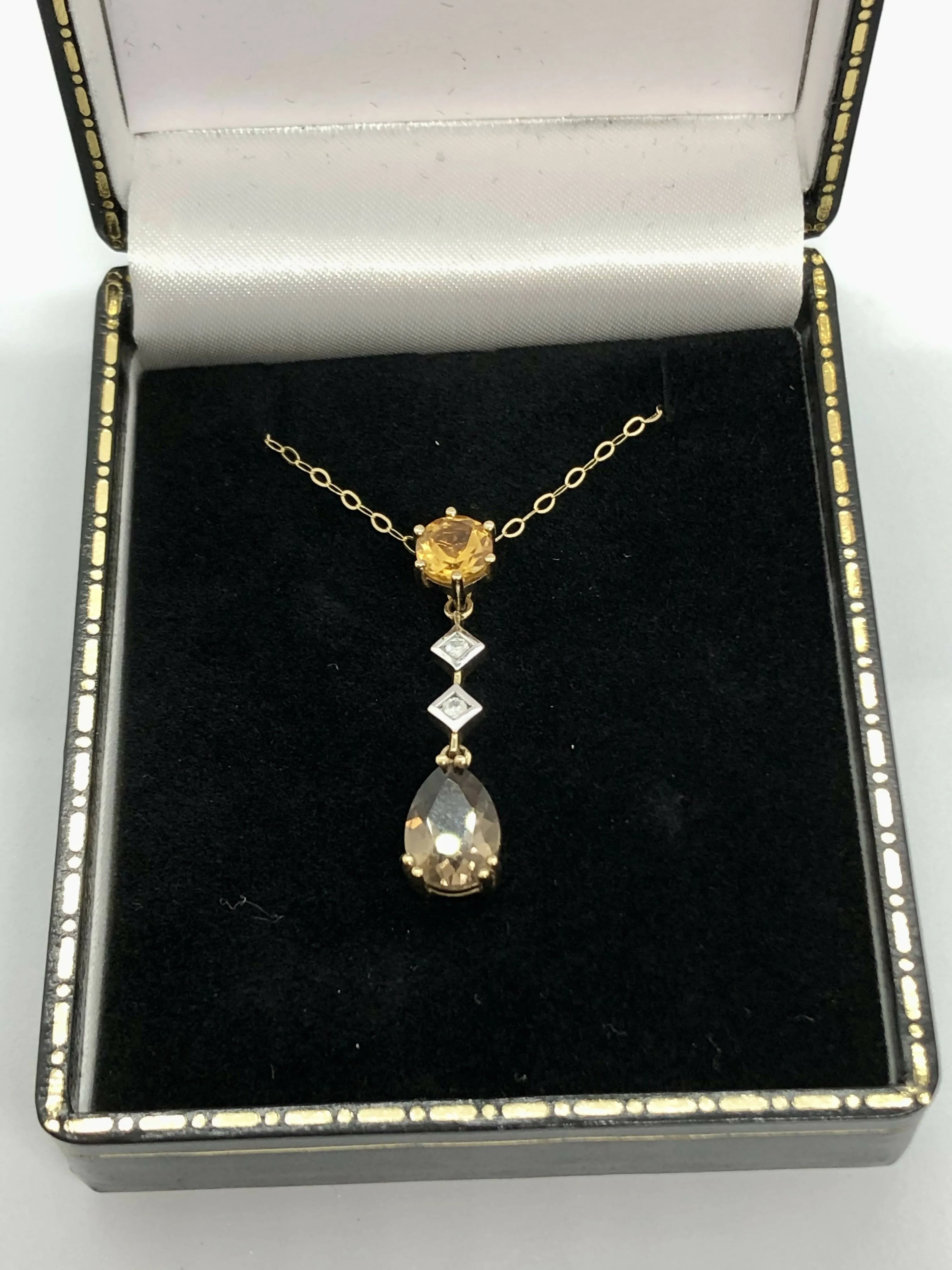 9ct Yellow Gold Mandarin Citrine Diamond & Smokey Quartz Pendant