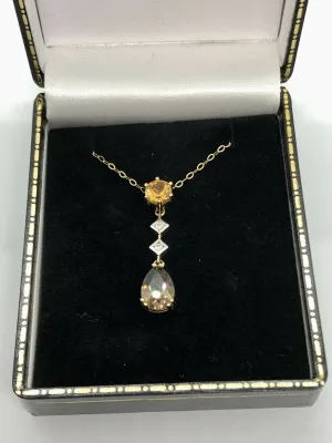 9ct Yellow Gold Mandarin Citrine Diamond & Smokey Quartz Pendant