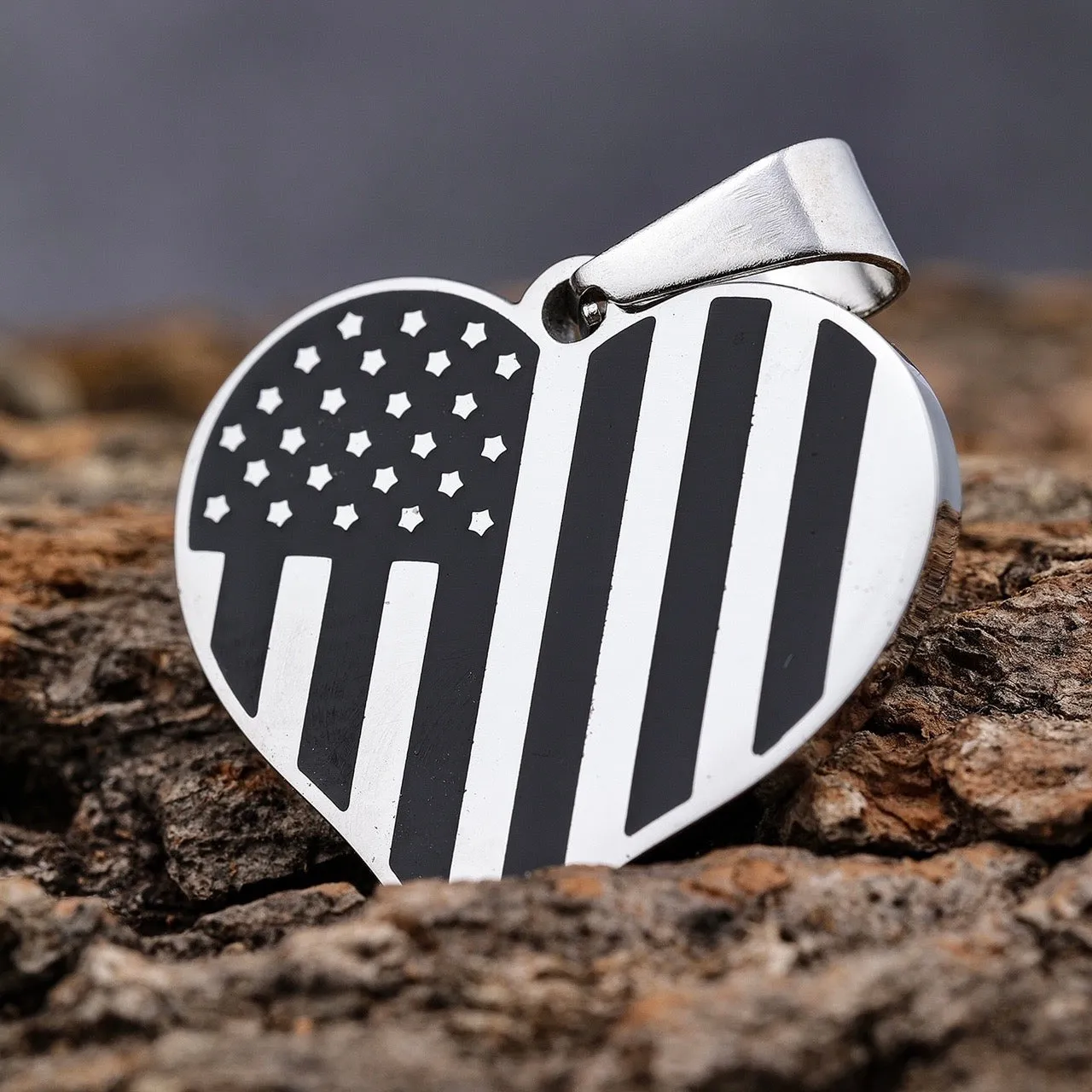 American Flag Heart Black & Silver Pendant - Rope Necklace - SLC777 CLEARANCE