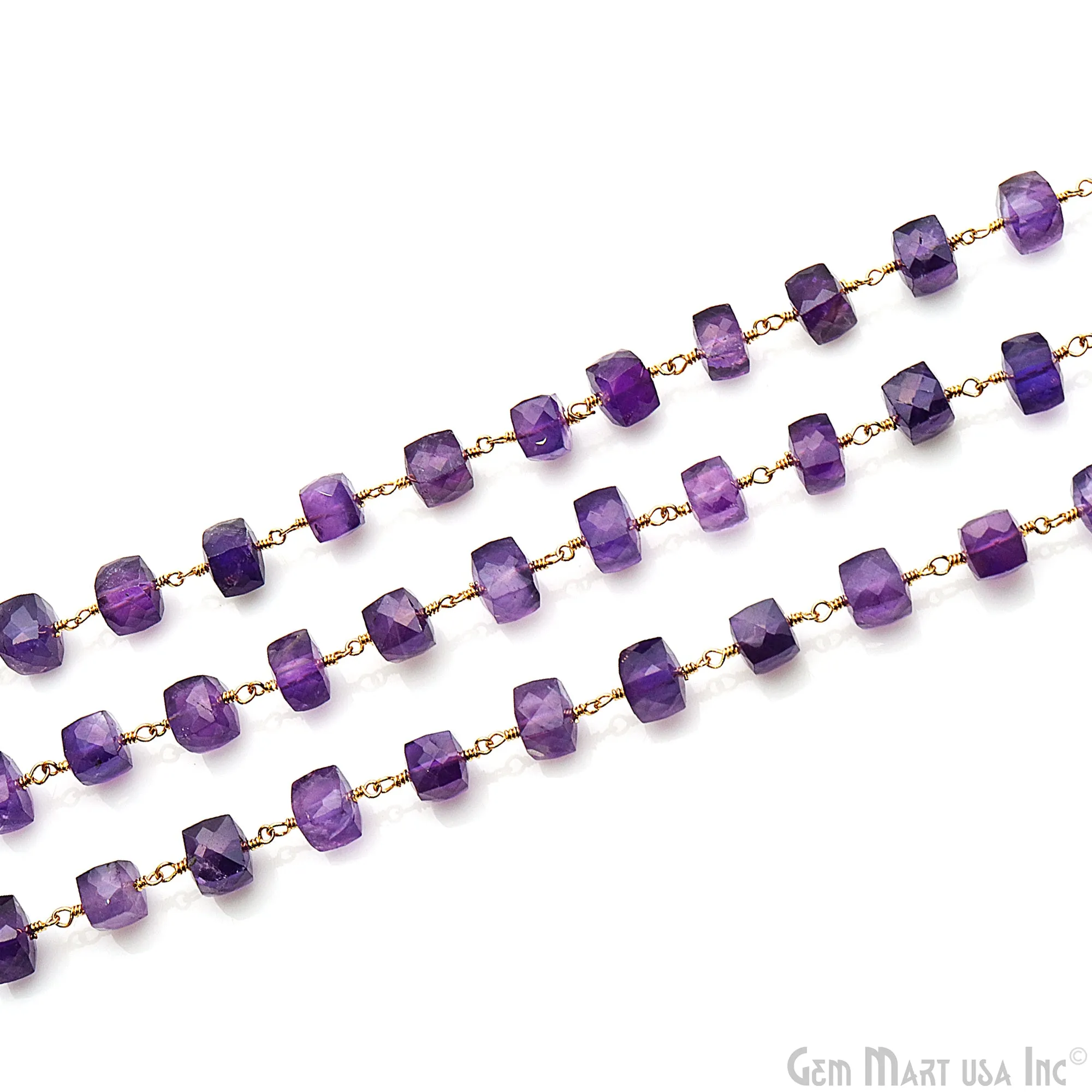 Amethyst Faceted Box 6-7mm Gold Wire Wrapped Rosary Chain