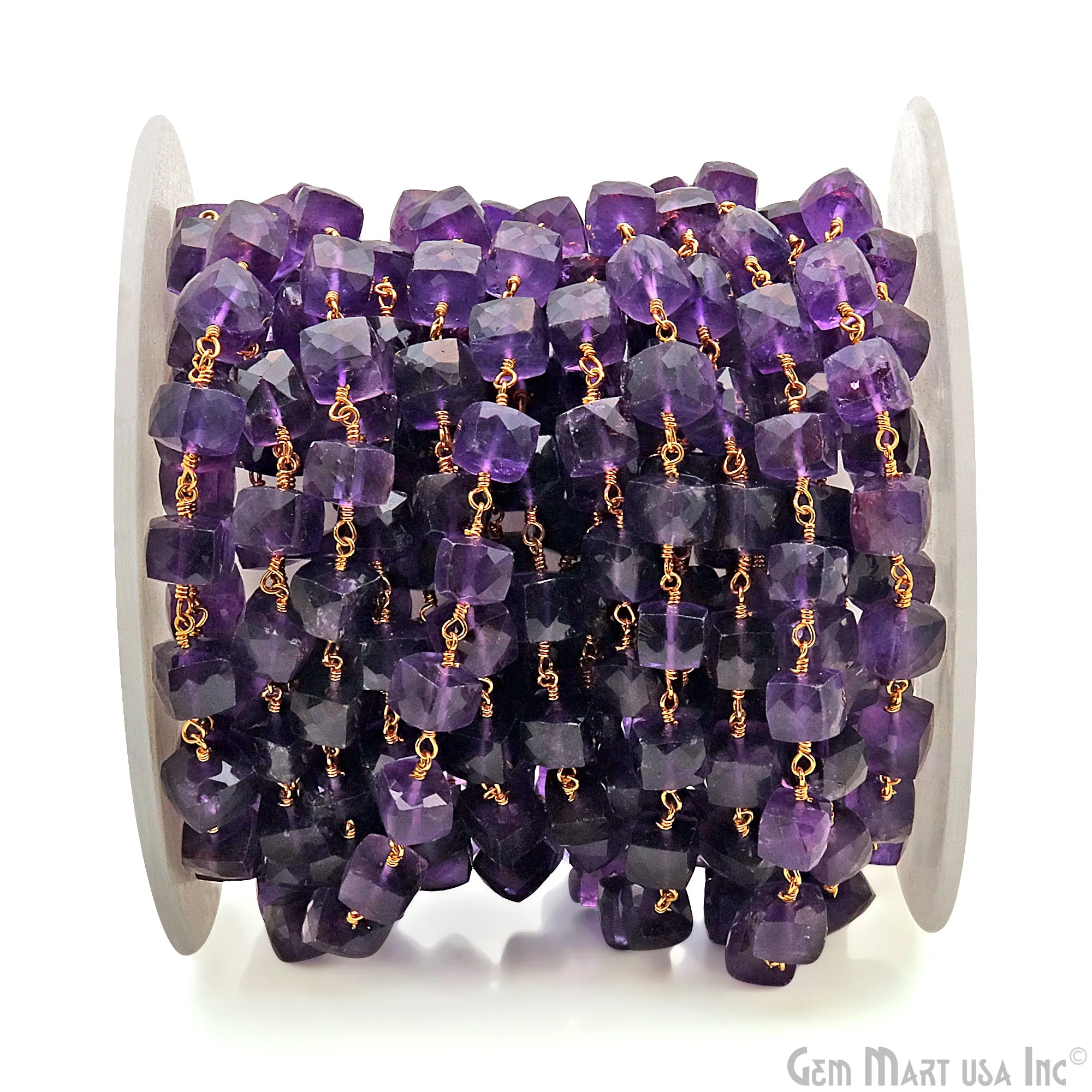 Amethyst Faceted Box 6-7mm Gold Wire Wrapped Rosary Chain