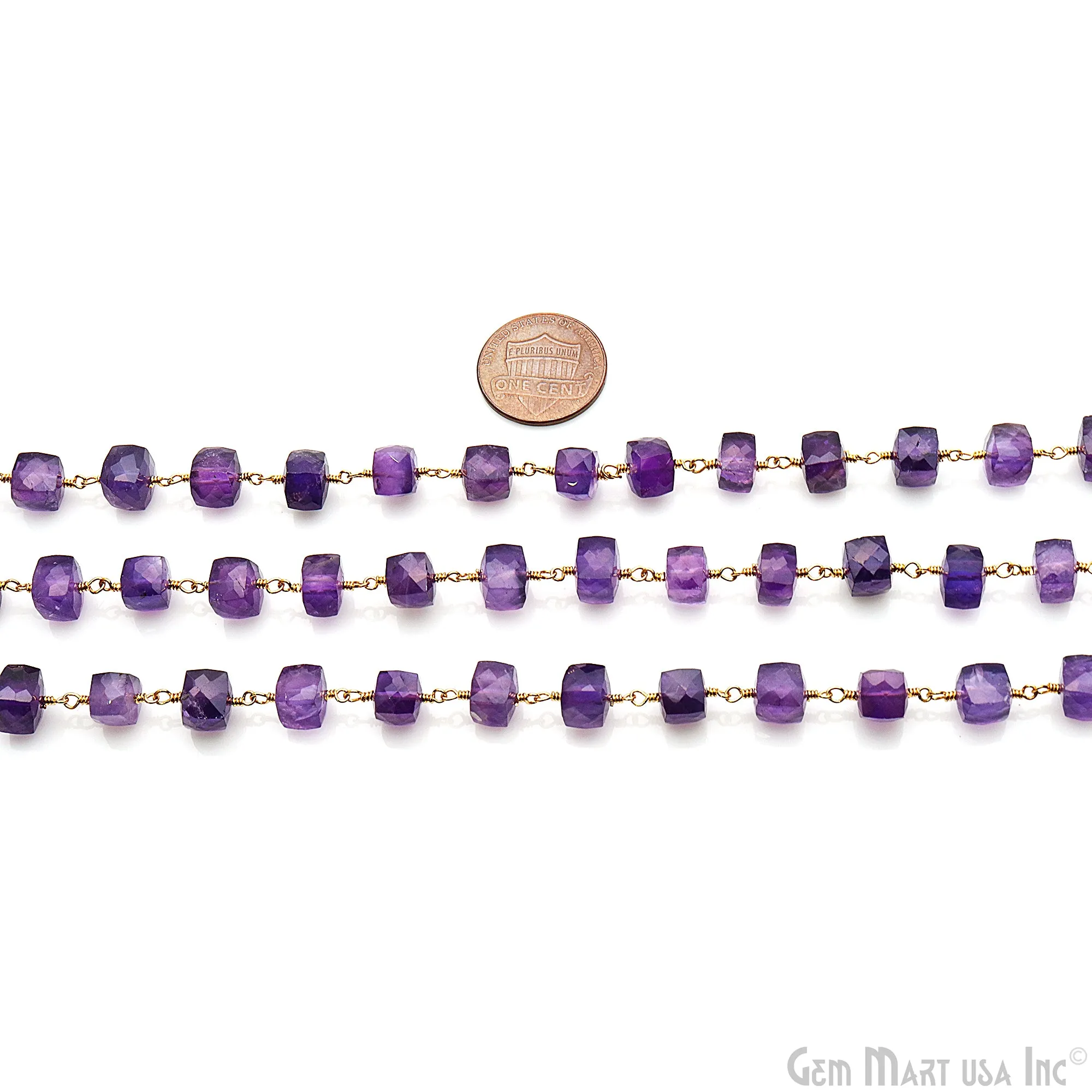 Amethyst Faceted Box 6-7mm Gold Wire Wrapped Rosary Chain