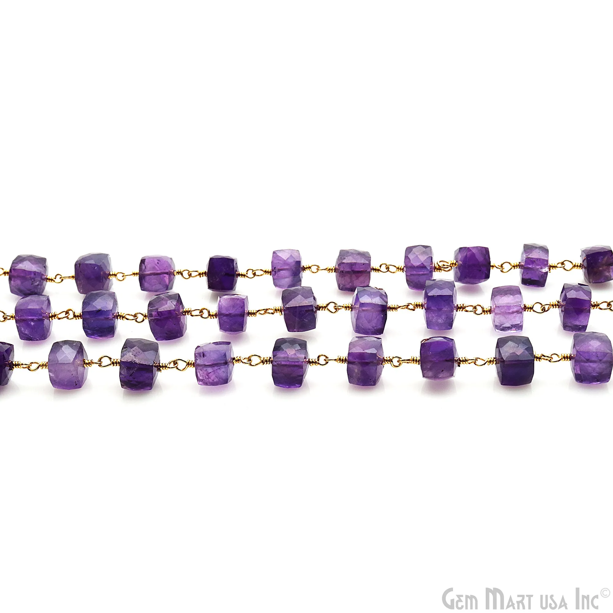 Amethyst Faceted Box 6-7mm Gold Wire Wrapped Rosary Chain