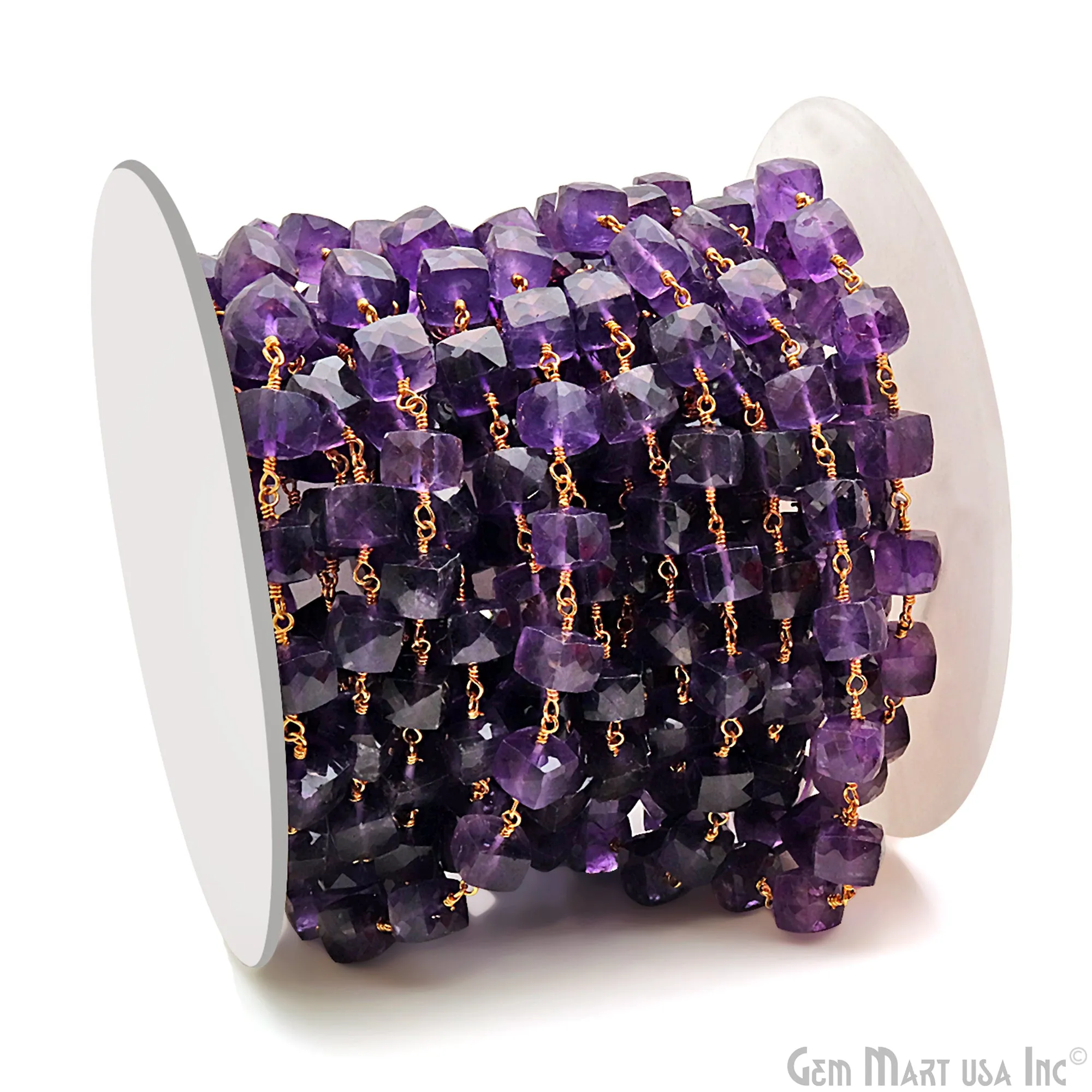 Amethyst Faceted Box 6-7mm Gold Wire Wrapped Rosary Chain