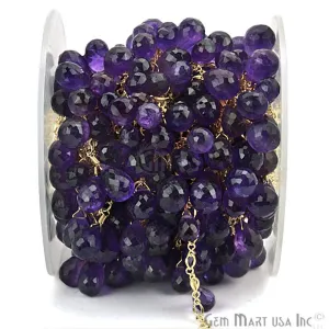 Amethyst Faceted Tear Drops Gold Wire Wrapped Briolette Rosary Chain