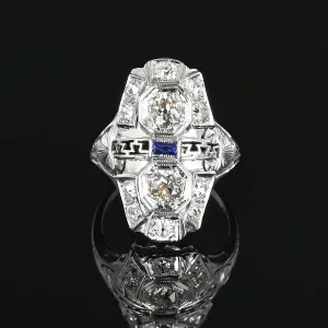 Antique Art Deco Sapphire Diamond Ring in 18K White Gold