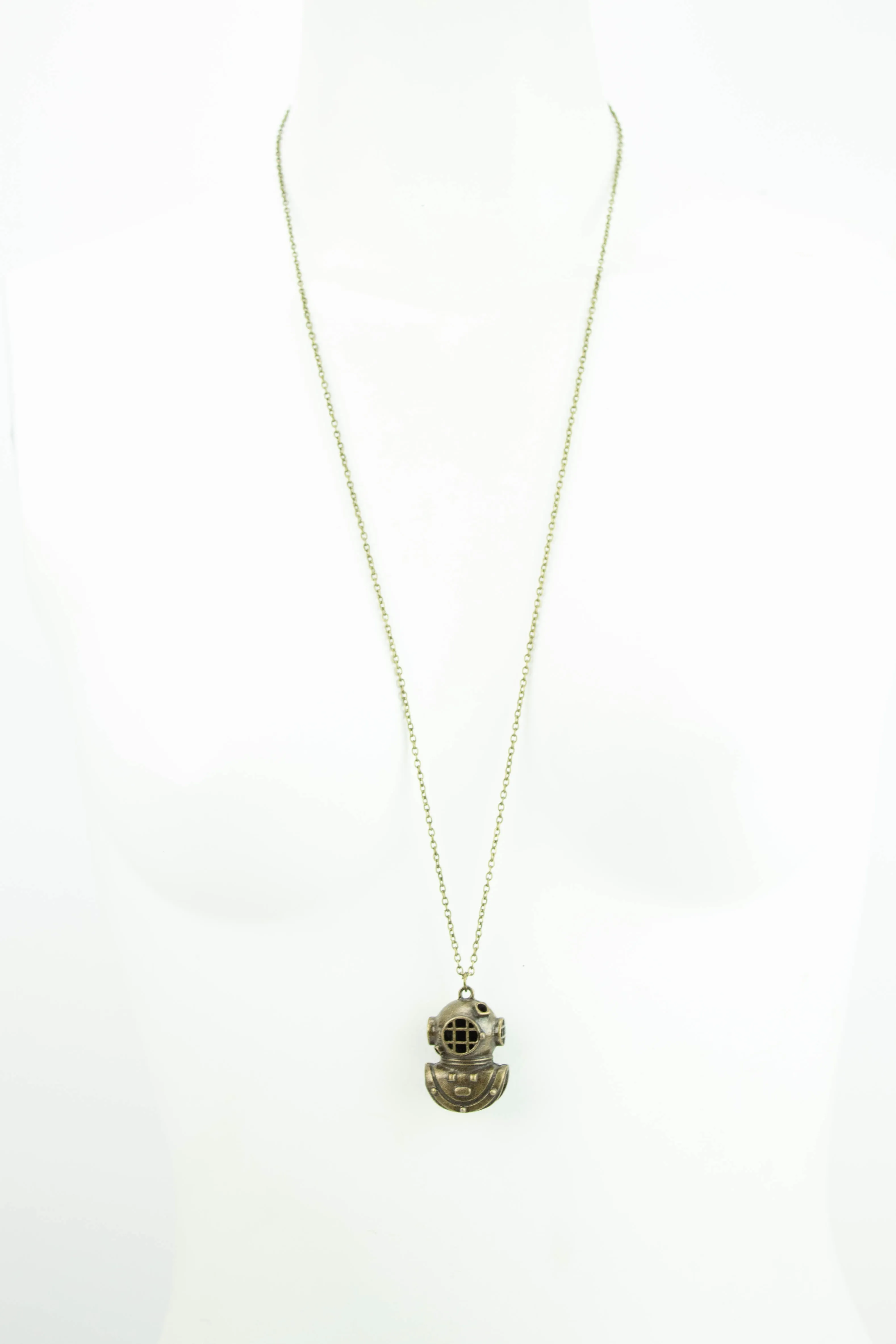 Antique Brass Vintage Scuba Helmet Long Necklace