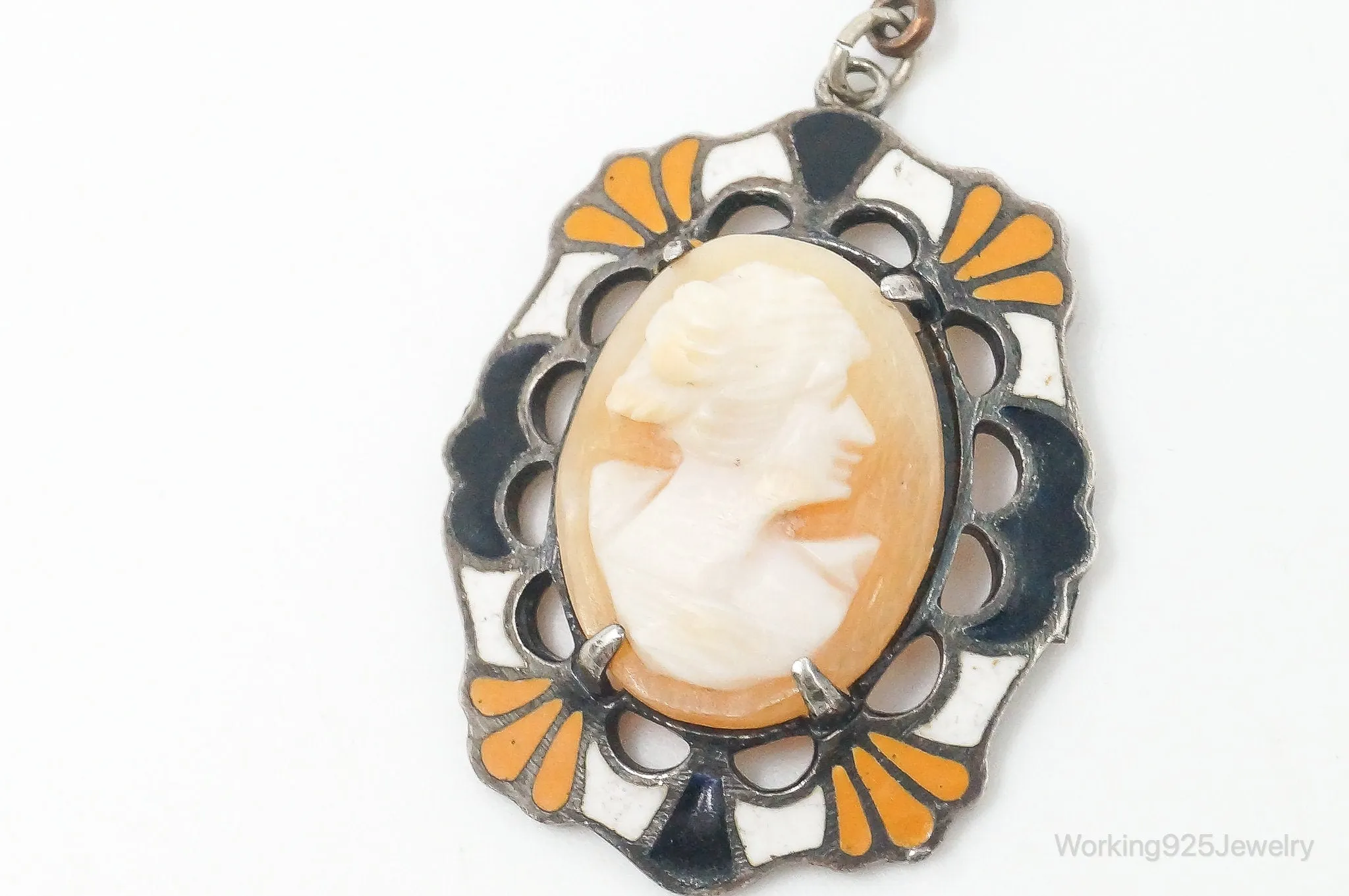 Antique Carved Woman Cameo Shell Enamel Sterling Silver Pendant