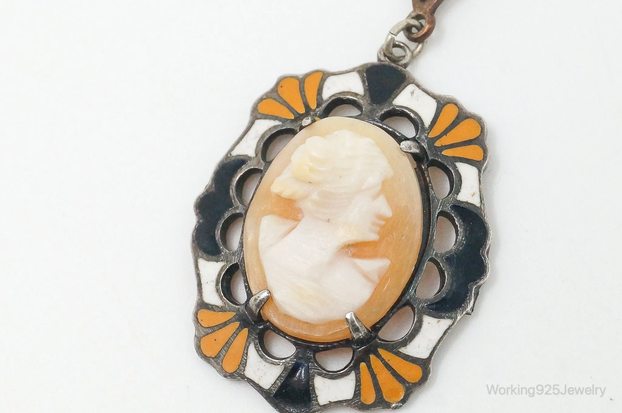 Antique Carved Woman Cameo Shell Enamel Sterling Silver Pendant