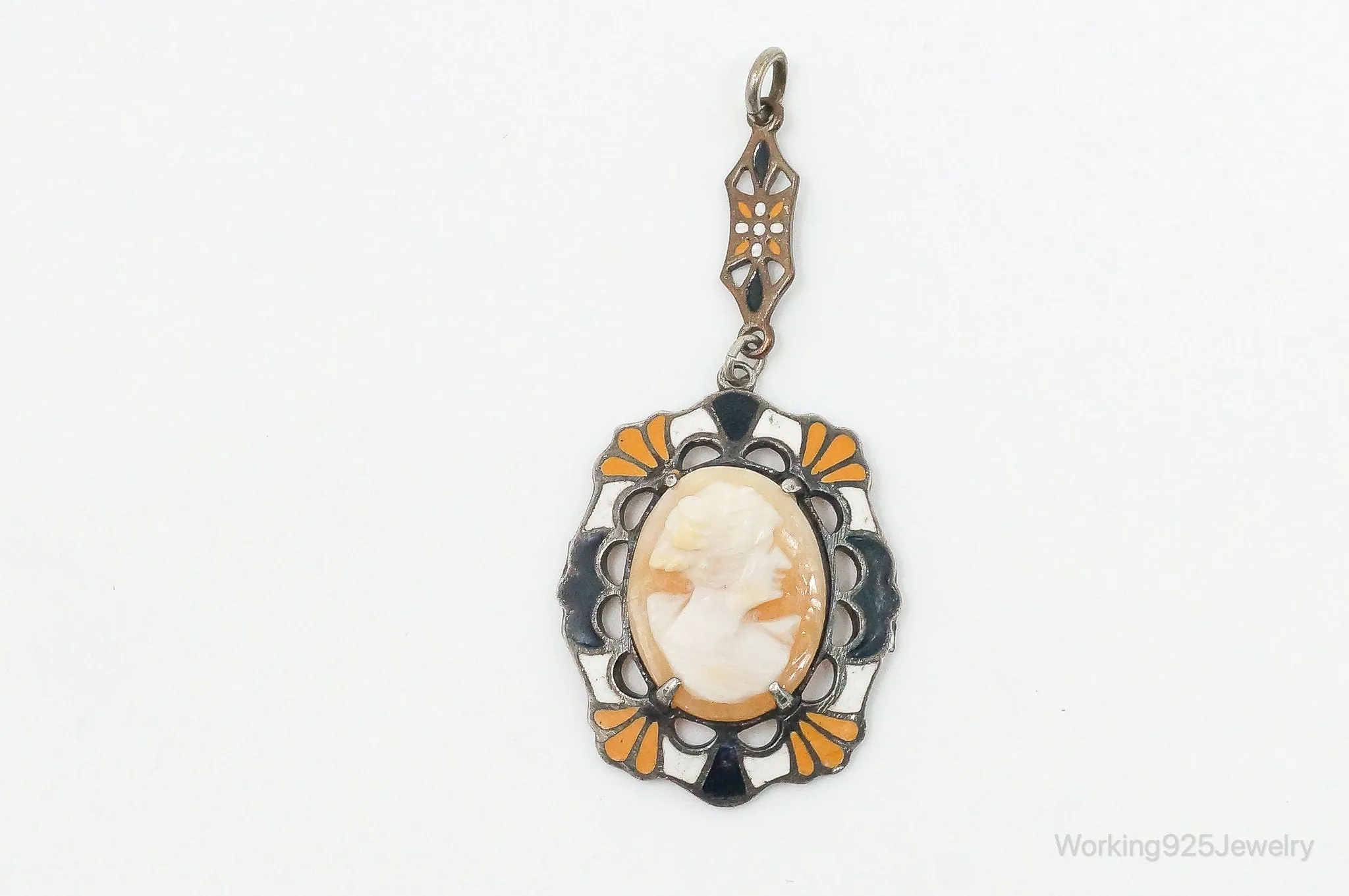 Antique Carved Woman Cameo Shell Enamel Sterling Silver Pendant