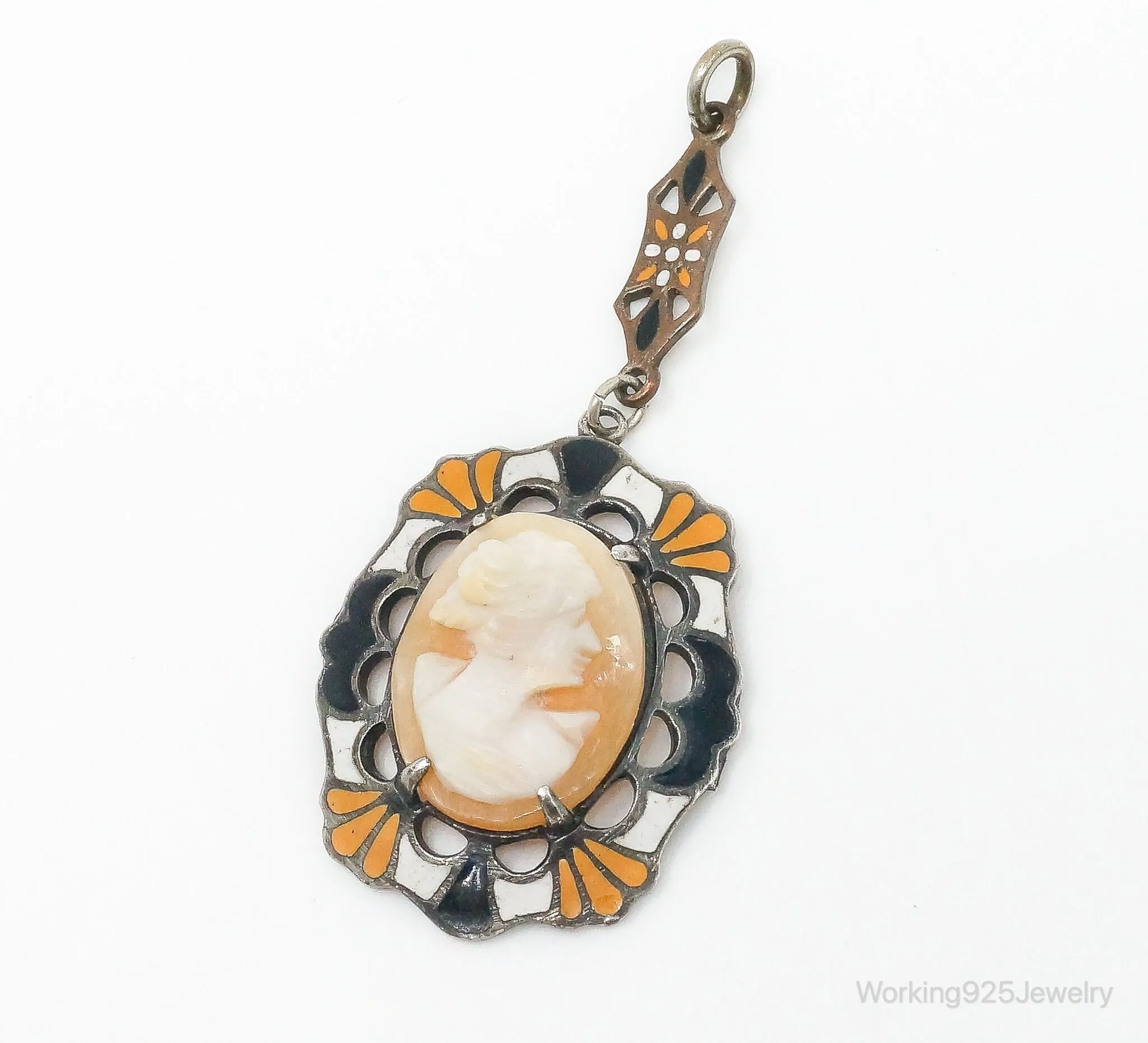 Antique Carved Woman Cameo Shell Enamel Sterling Silver Pendant