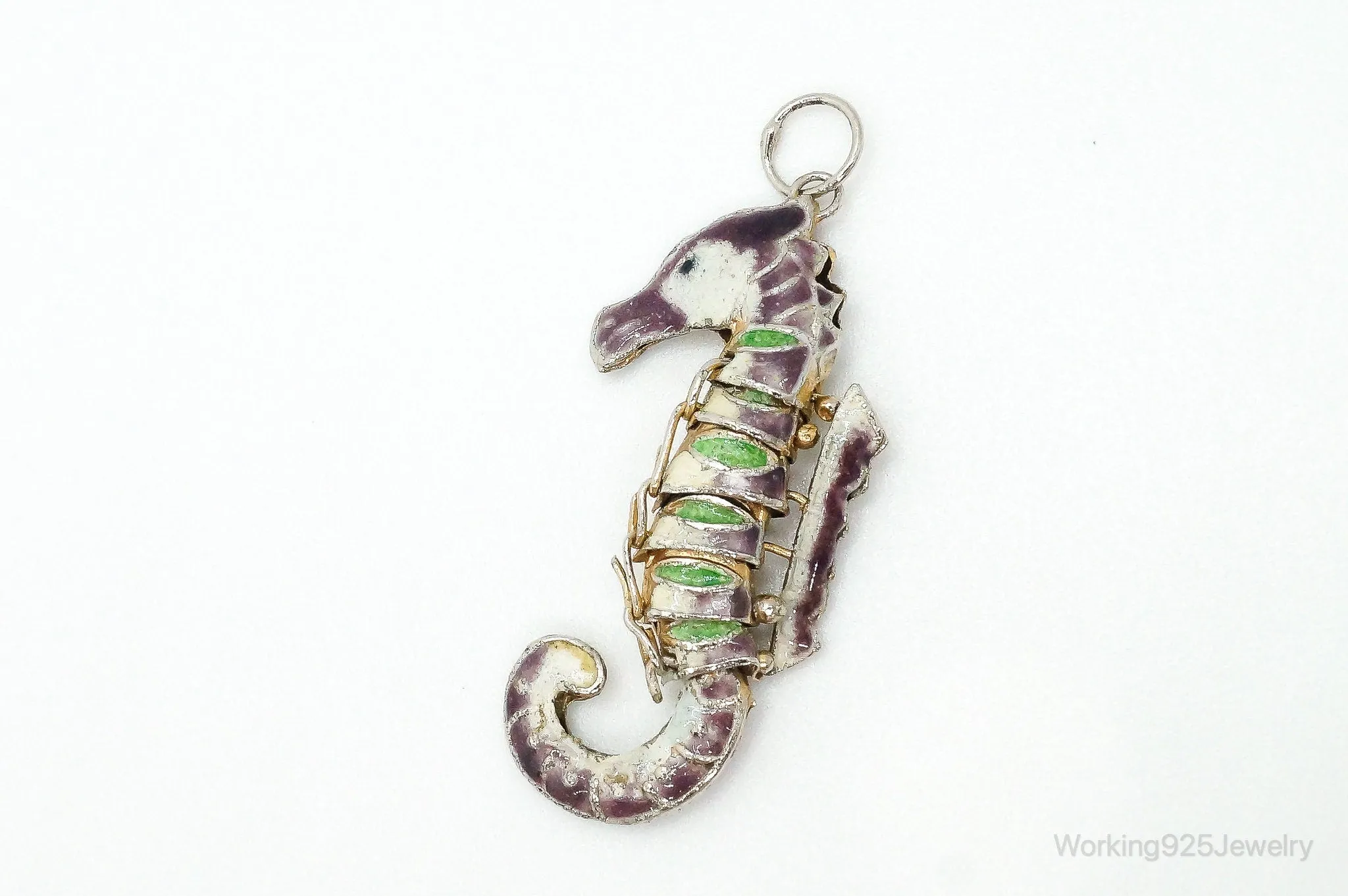 Antique Chinese Articulated Cloisonne Enameled Vermeil Silver Seahorse Pendant