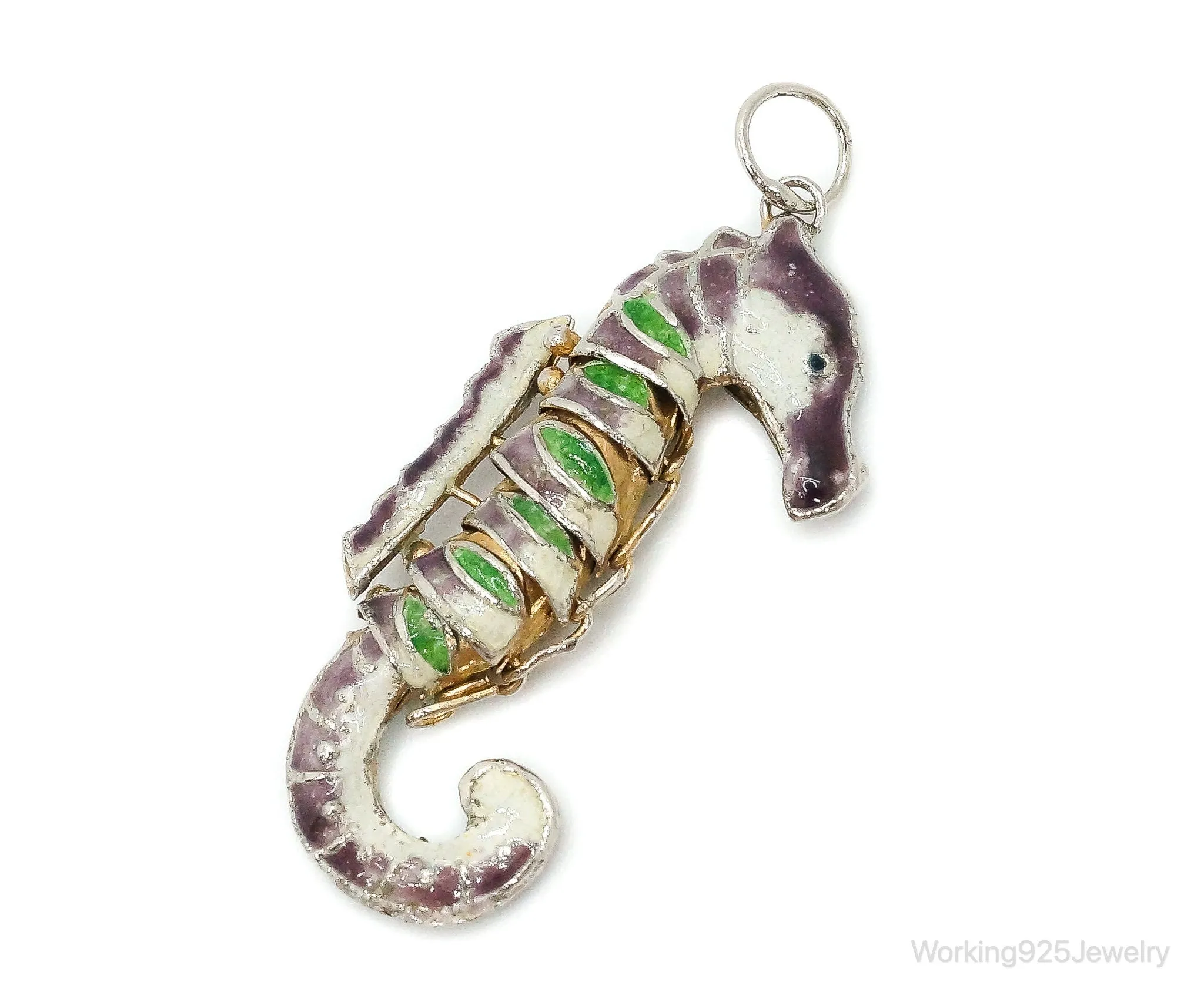 Antique Chinese Articulated Cloisonne Enameled Vermeil Silver Seahorse Pendant