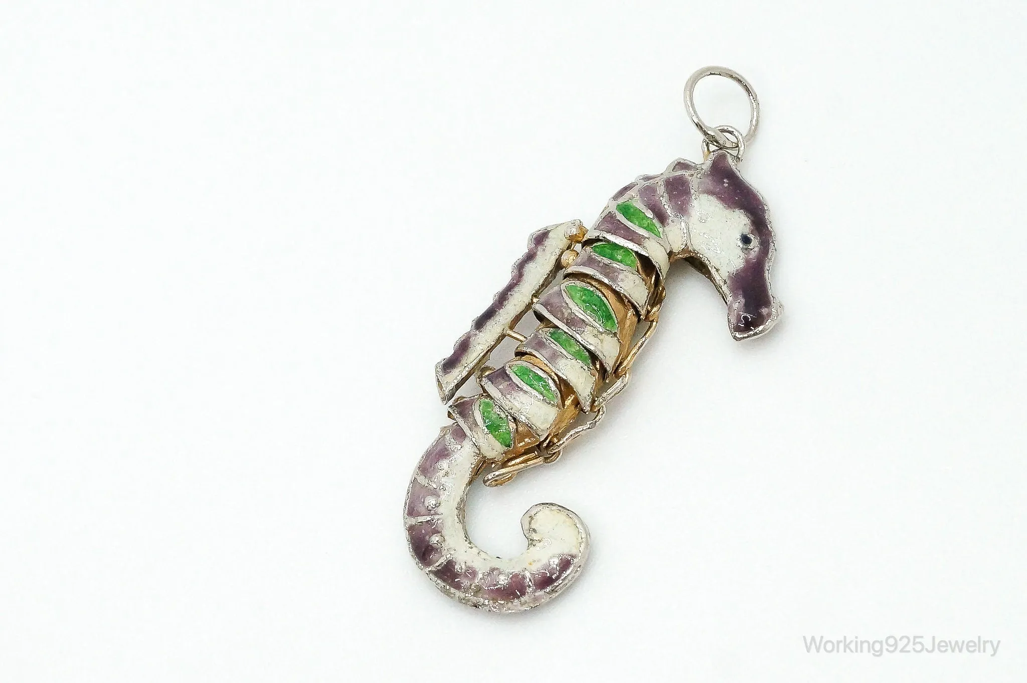 Antique Chinese Articulated Cloisonne Enameled Vermeil Silver Seahorse Pendant