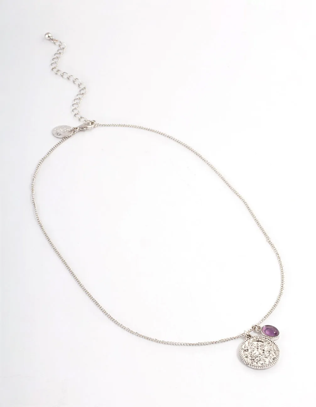 Antique Silver Amethyst Textured Coin Necklace