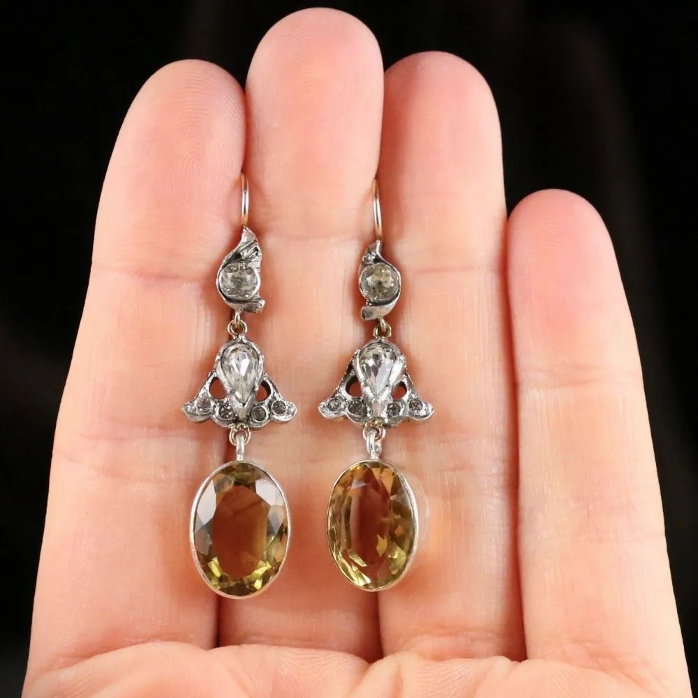 Antique Victorian Citrine & Double Drop Paste Earrings Gold/Silver