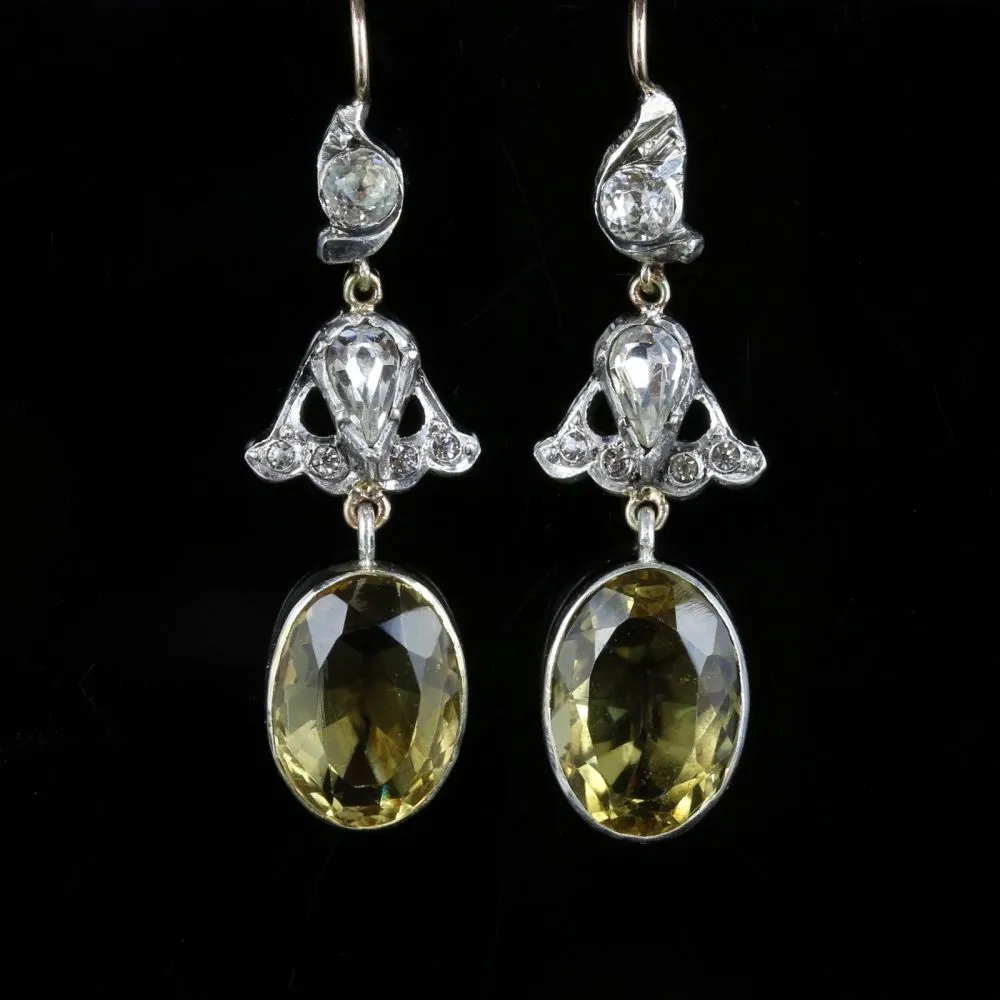 Antique Victorian Citrine & Double Drop Paste Earrings Gold/Silver