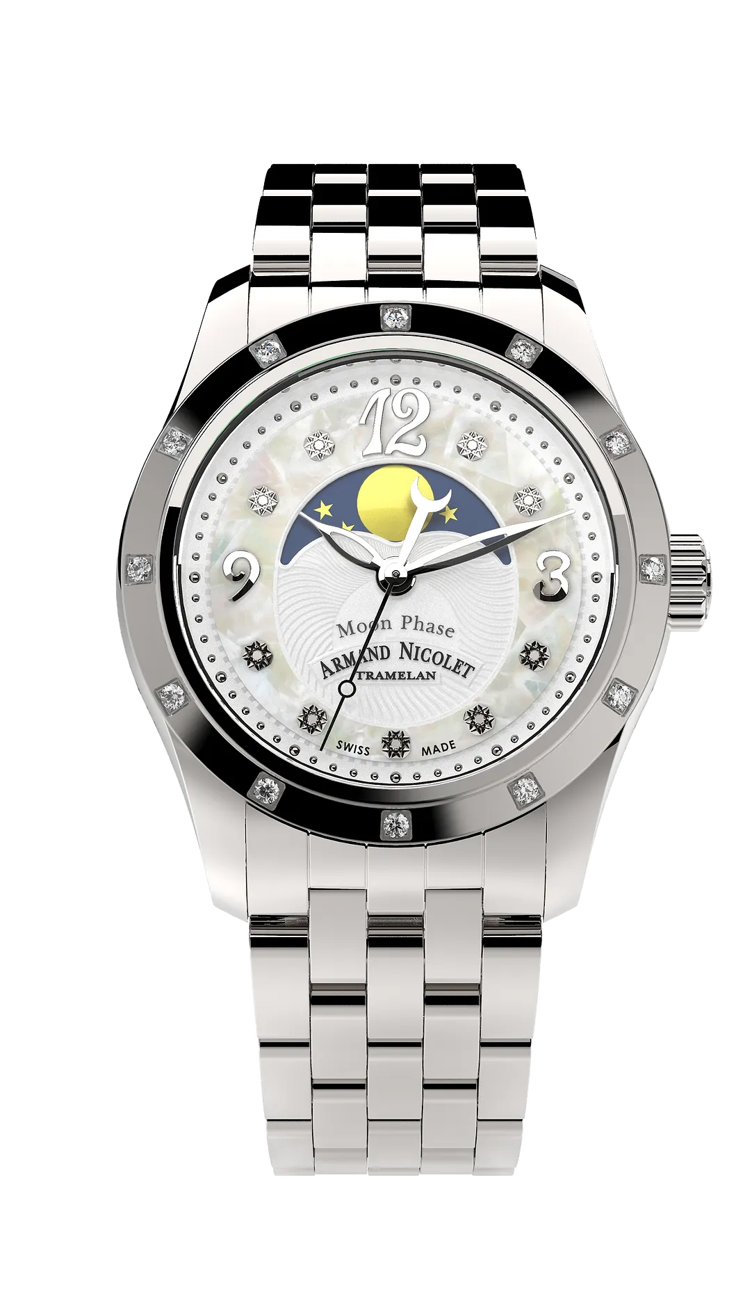 Armand Nicolet Ladies Watch M03 Moonphase 34mm Silver White A151RAA-AN-MA150