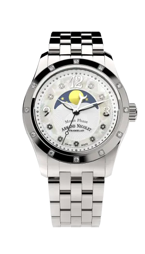 Armand Nicolet Ladies Watch M03 Moonphase 34mm Silver White A151RAA-AN-MA150