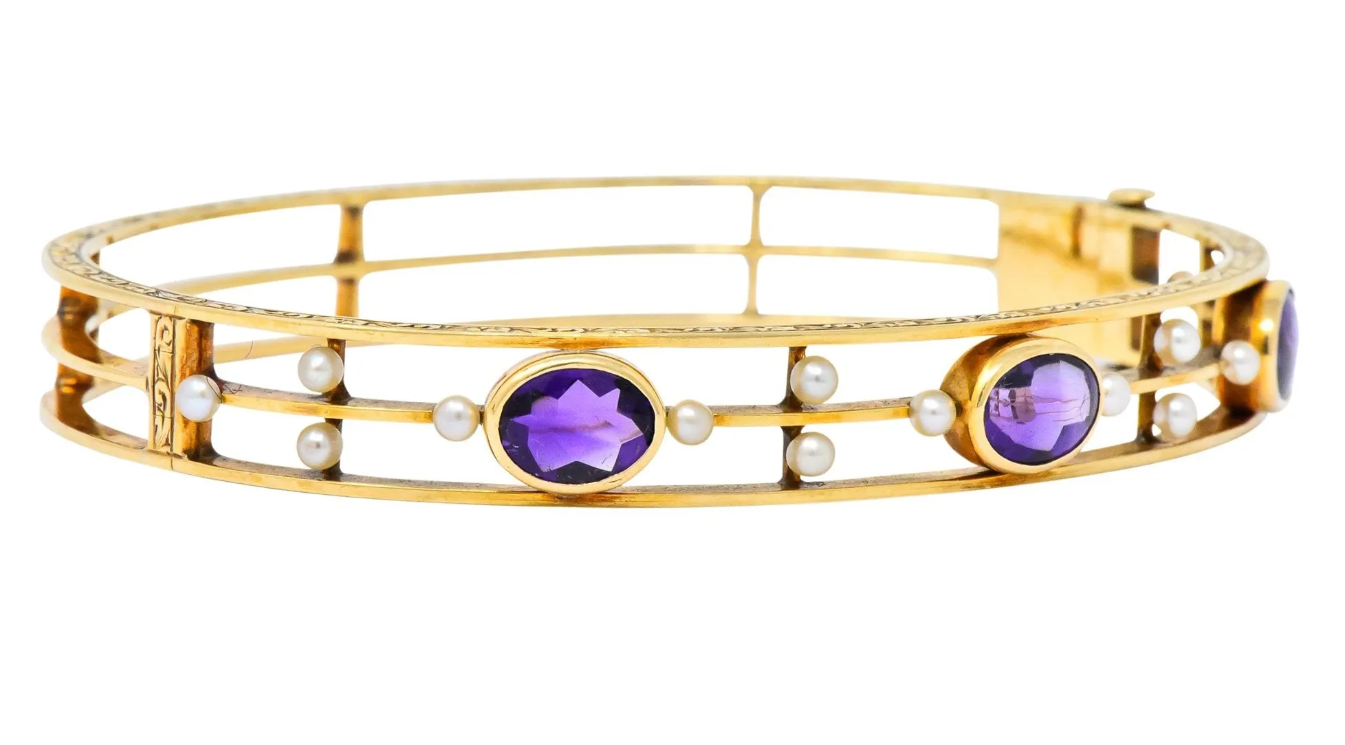 Art Nouveau Amethyst Pearl 14 Karat Gold Bangle Bracelet