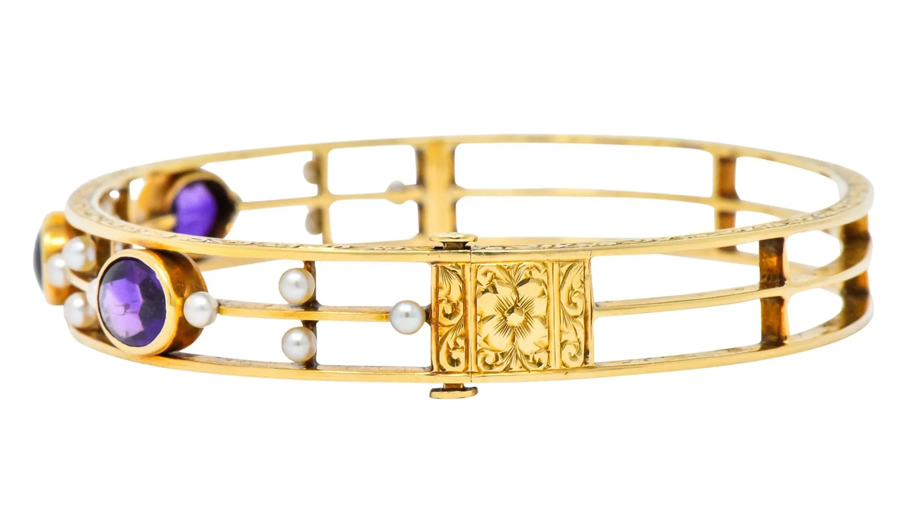 Art Nouveau Amethyst Pearl 14 Karat Gold Bangle Bracelet