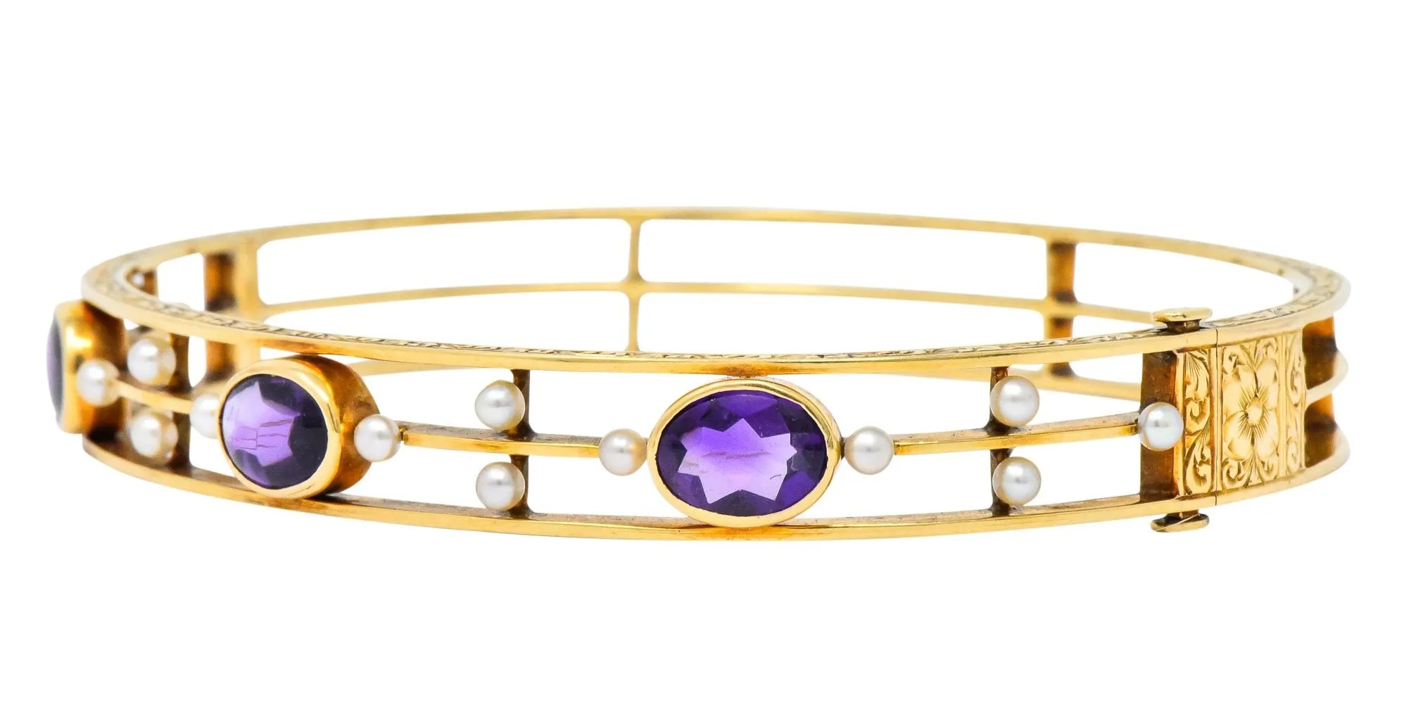 Art Nouveau Amethyst Pearl 14 Karat Gold Bangle Bracelet