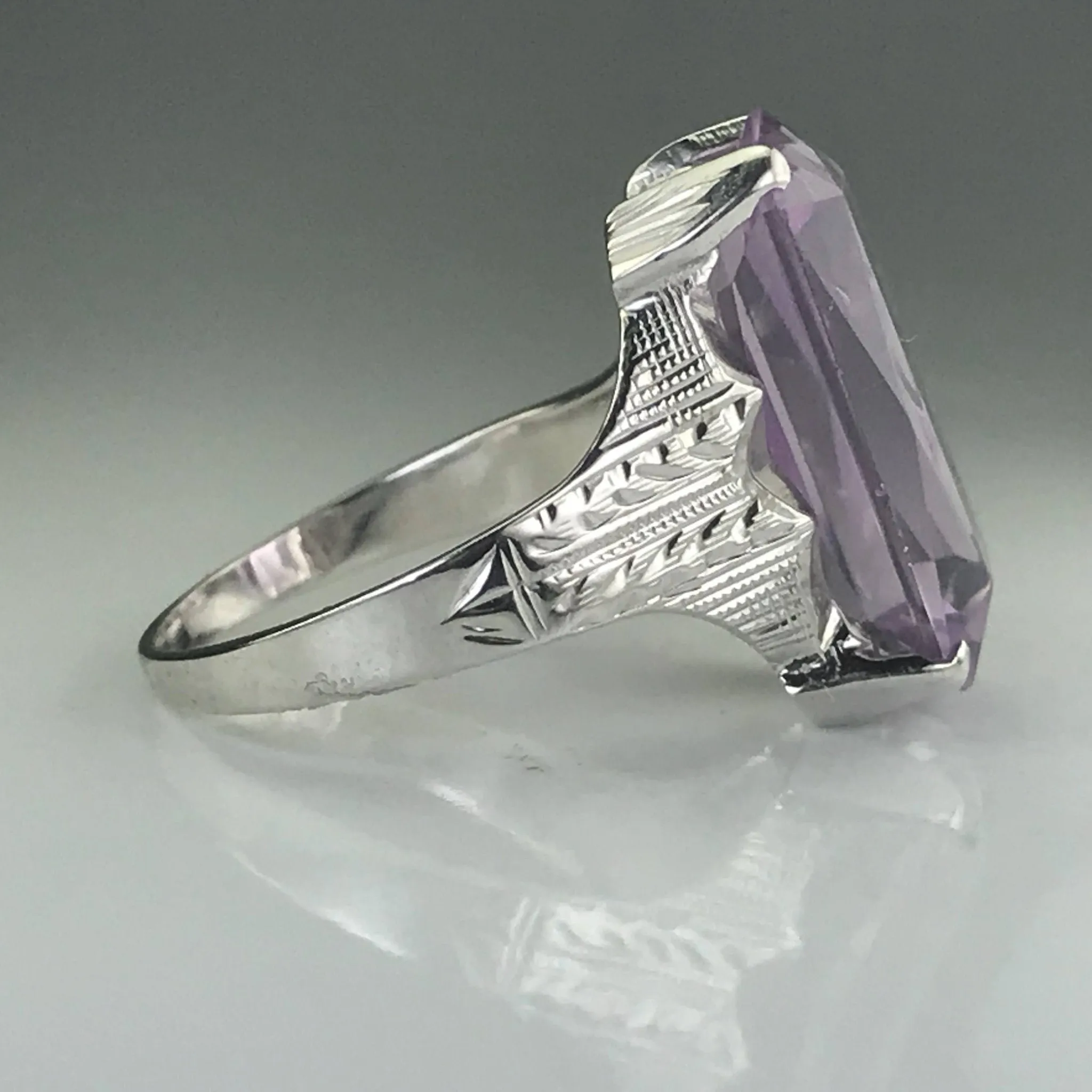 Art Nouveau Amethyst Ring. 14K White Gold. February Birthstone. 6th Anniversary Gift. 1900s