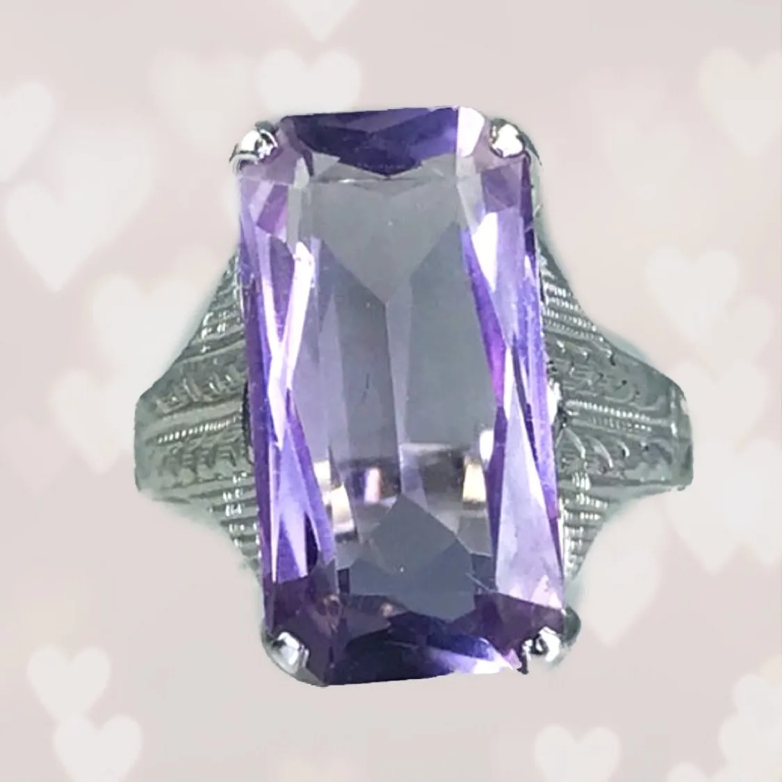 Art Nouveau Amethyst Ring. 14K White Gold. February Birthstone. 6th Anniversary Gift. 1900s