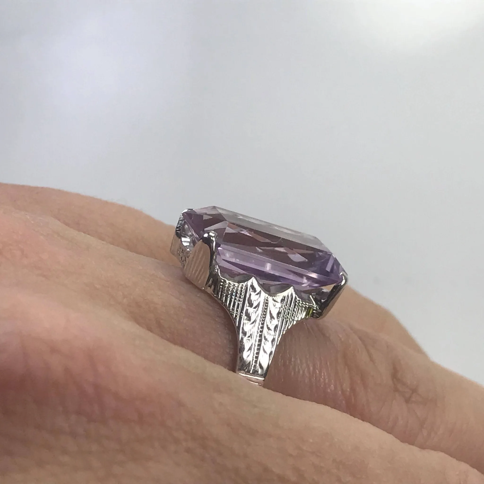 Art Nouveau Amethyst Ring. 14K White Gold. February Birthstone. 6th Anniversary Gift. 1900s