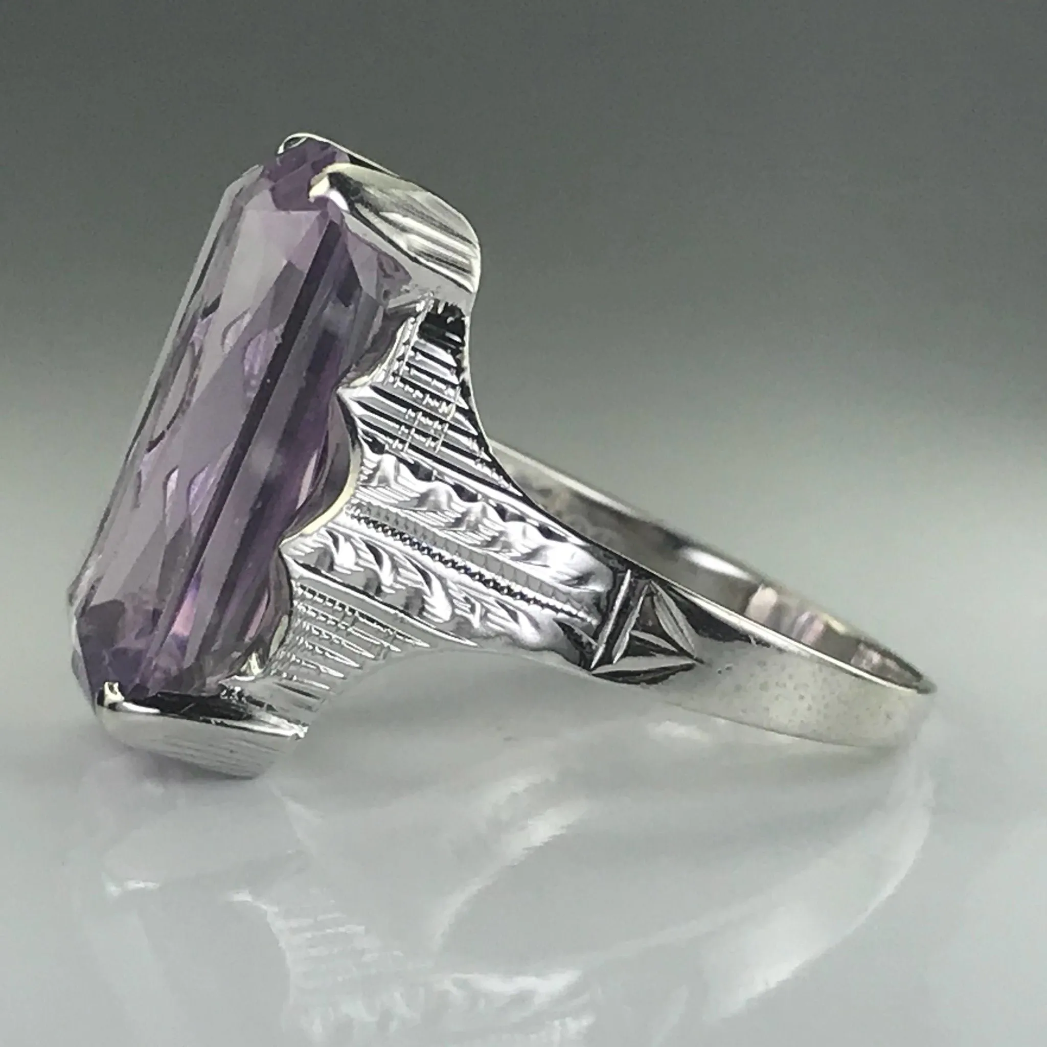 Art Nouveau Amethyst Ring. 14K White Gold. February Birthstone. 6th Anniversary Gift. 1900s