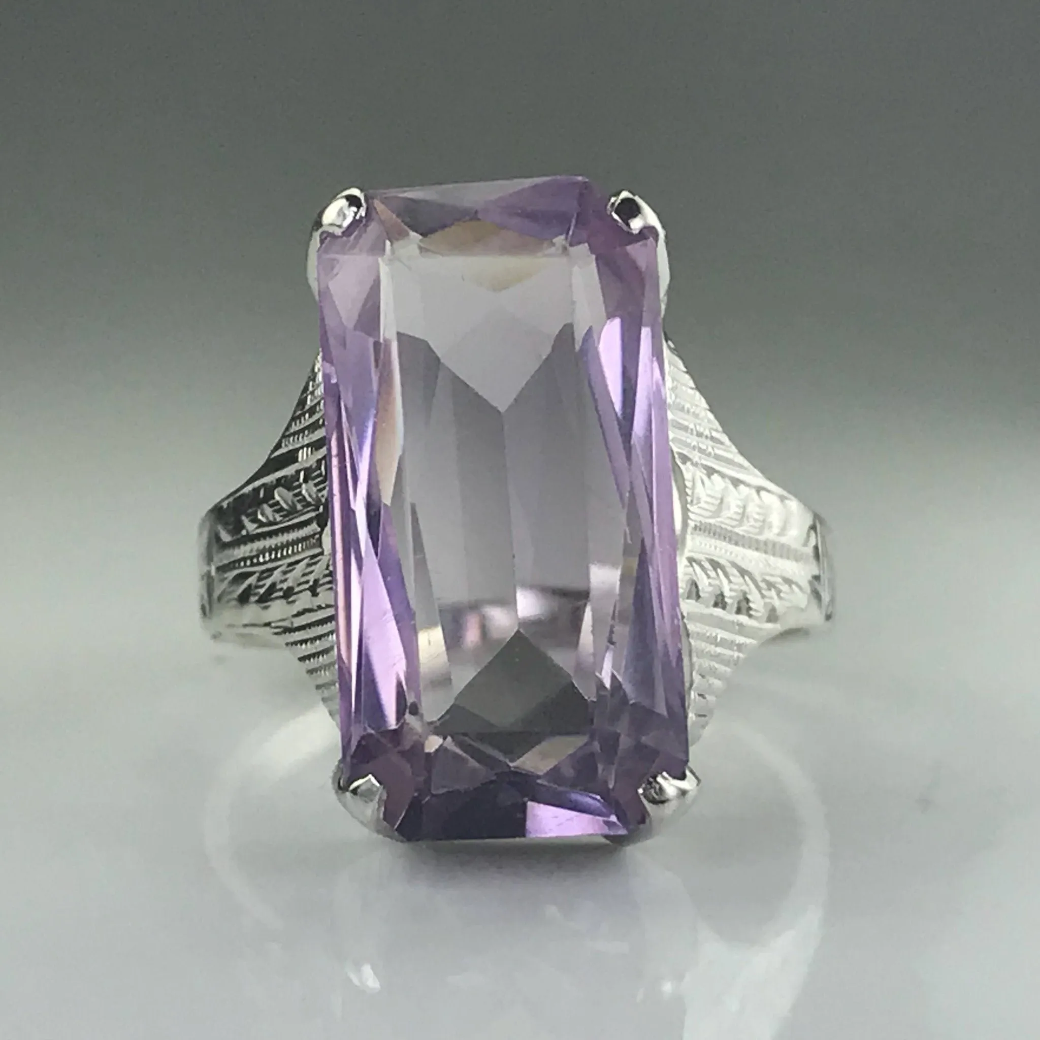 Art Nouveau Amethyst Ring. 14K White Gold. February Birthstone. 6th Anniversary Gift. 1900s